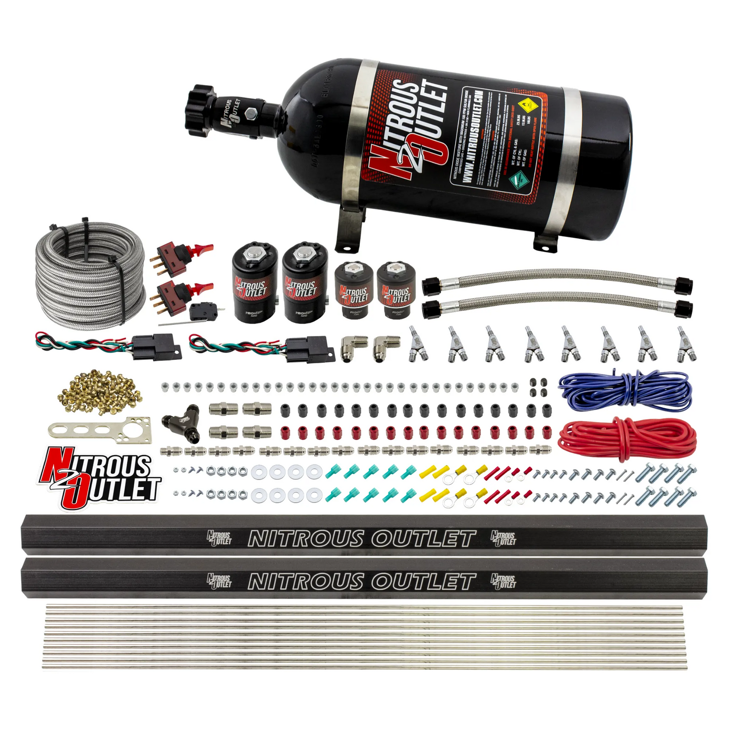 Nitrous Outlet 4 Cylinder Dual Stage Direct Port System - Two .122 Nitrous Solenoids/Two .177 Fuel Solenoids/Two Dual Passage Injection Rails/Annular Discharge Nozzles (Alcohol)(5-7-10 psi)(50-250HP)(No Bottle)