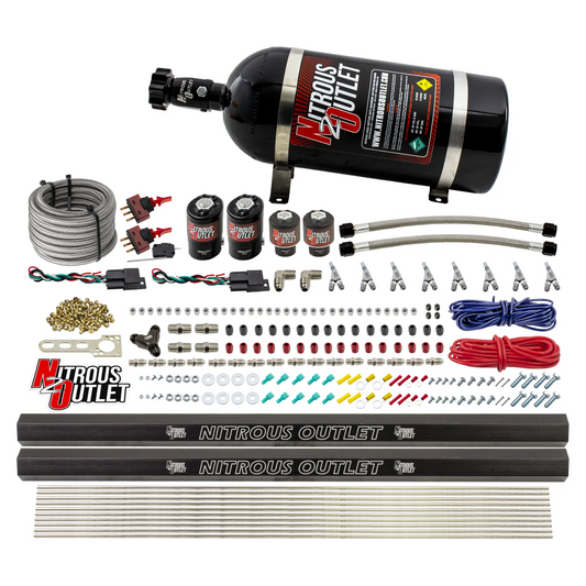 Nitrous Outlet 4 Cylinder Dual Stage Direct Port System - Two .122 Nitrous Solenoids/Two .177 Fuel Solenoids/Two Dual Passage Injection Rails/Annular Discharge Nozzles (Alcohol)(5-7-10 psi)(50-250HP)(12lb Bottle)