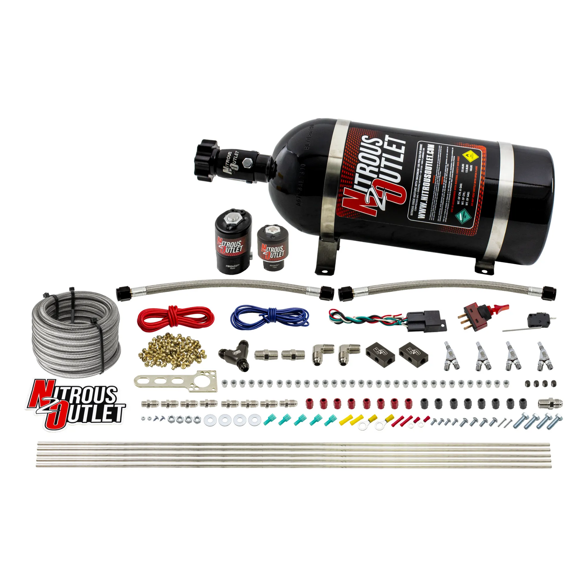 Nitrous Outlet 4 Cylinder Direct Port System - .122 Nitrous Solenoid/.177 Fuel Solenoid/Distribution Blocks/Annular Degree Discharge Nozzles (Alcohol)(5-7-10 psi)(50-250HP)(12lb Bottle)