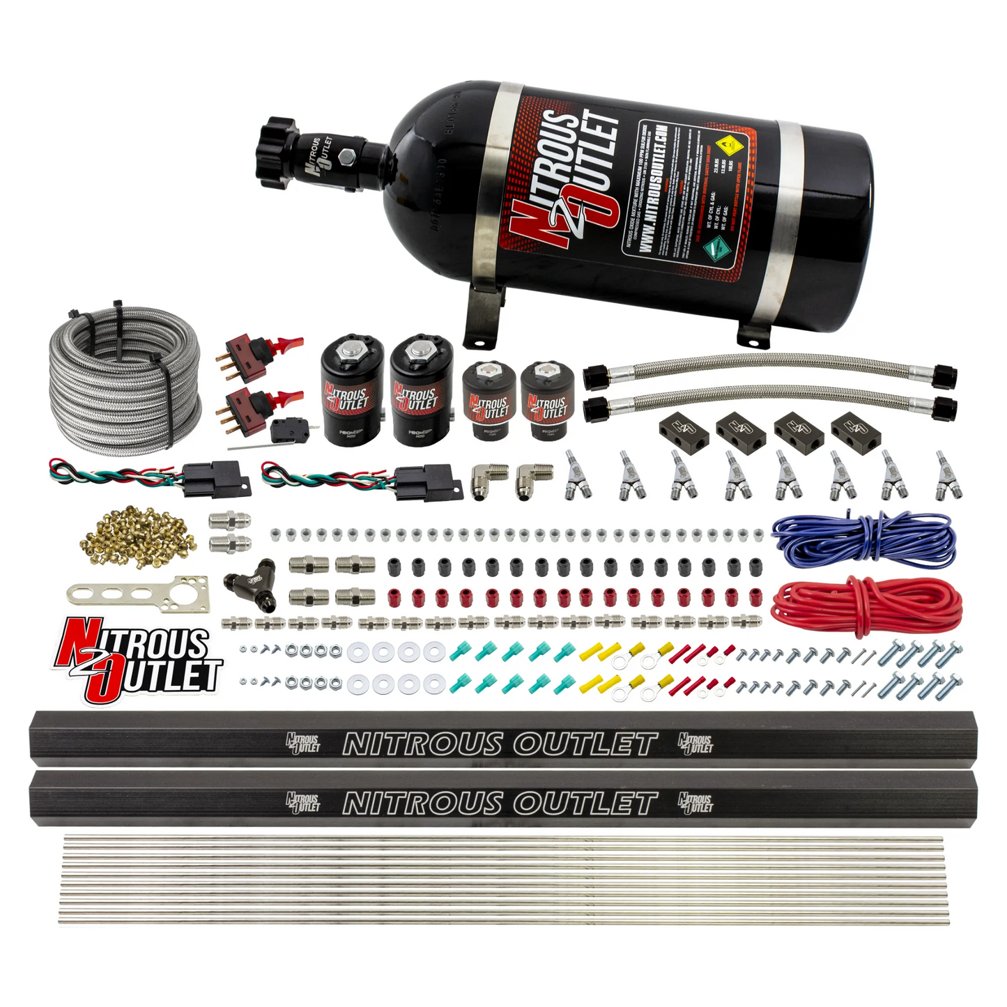 Nitrous Outlet 4 Cylinder Dual Stage Direct Port System - Two .122 Nitrous Solenoids/Two .177 Fuel Solenoids/Distribution Blocks/Annular Discharge Nozzles (Alcohol)(5-7-10 psi)(50-250HP)(12lb Bottle)
