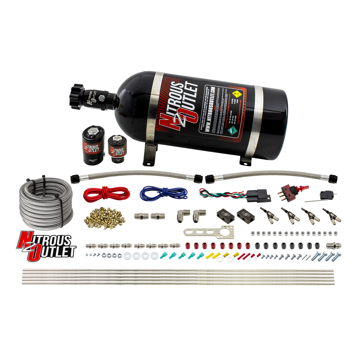 Nitrous Outlet 4 Cylinder Direct Port System - .122 Nitrous Solenoid/.177 Fuel Solenoid/Distribution Blocks/90 Degree Discharge Nozzles (E85)(5-7-10 psi)(50-250HP)(15lb Bottle)