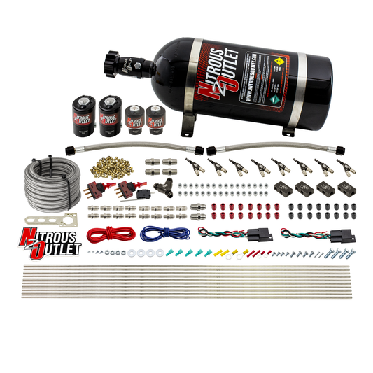Nitrous Outlet 4 Cylinder Dual Stage Direct Port System - Two .122 Nitrous Solenoids/Two .177 Fuel Solenoids/Distribution Blocks/90 Degree Discharge Nozzles (E85)(5-7-10 psi)(50-250HP)(12lb Bottle)