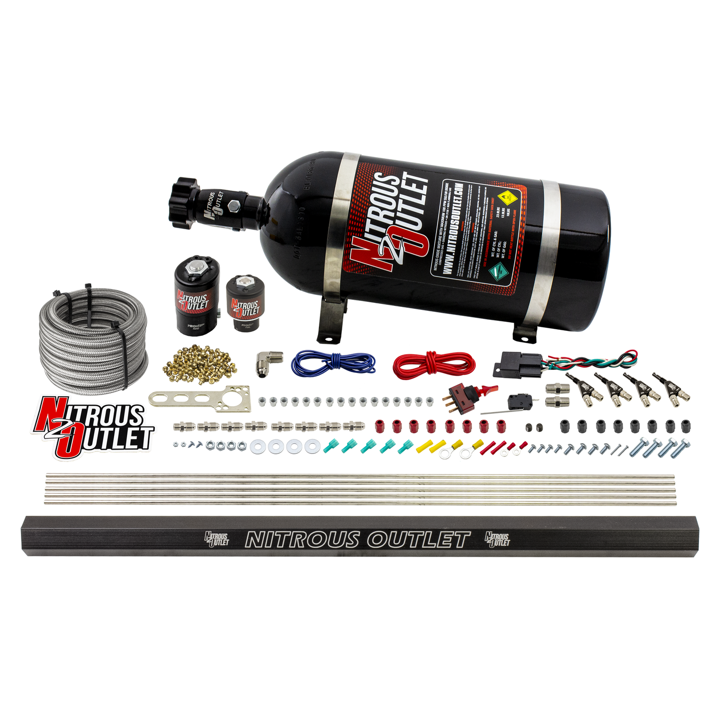 Nitrous Outlet 4 Cylinder Direct Port System - .122 Nitrous Solenoids/.177 Fuel Solenoids/Dual Passage Injection Rail/90 Degree Discharge Nozzles (E85)(5-7-10 psi)(50-250HP)(12lb Bottle)