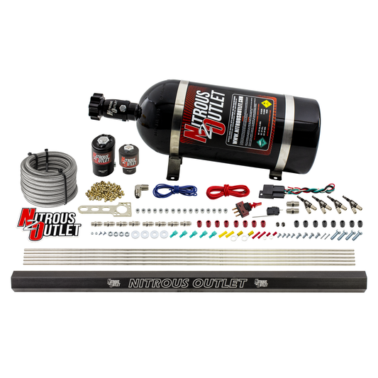 Nitrous Outlet 4 Cylinder Direct Port System - .122 Nitrous Solenoids/.177 Fuel Solenoids/Dual Passage Injection Rail/90 Degree Discharge Nozzles (E85)(5-7-10 psi)(50-250HP)(15lb Bottle)