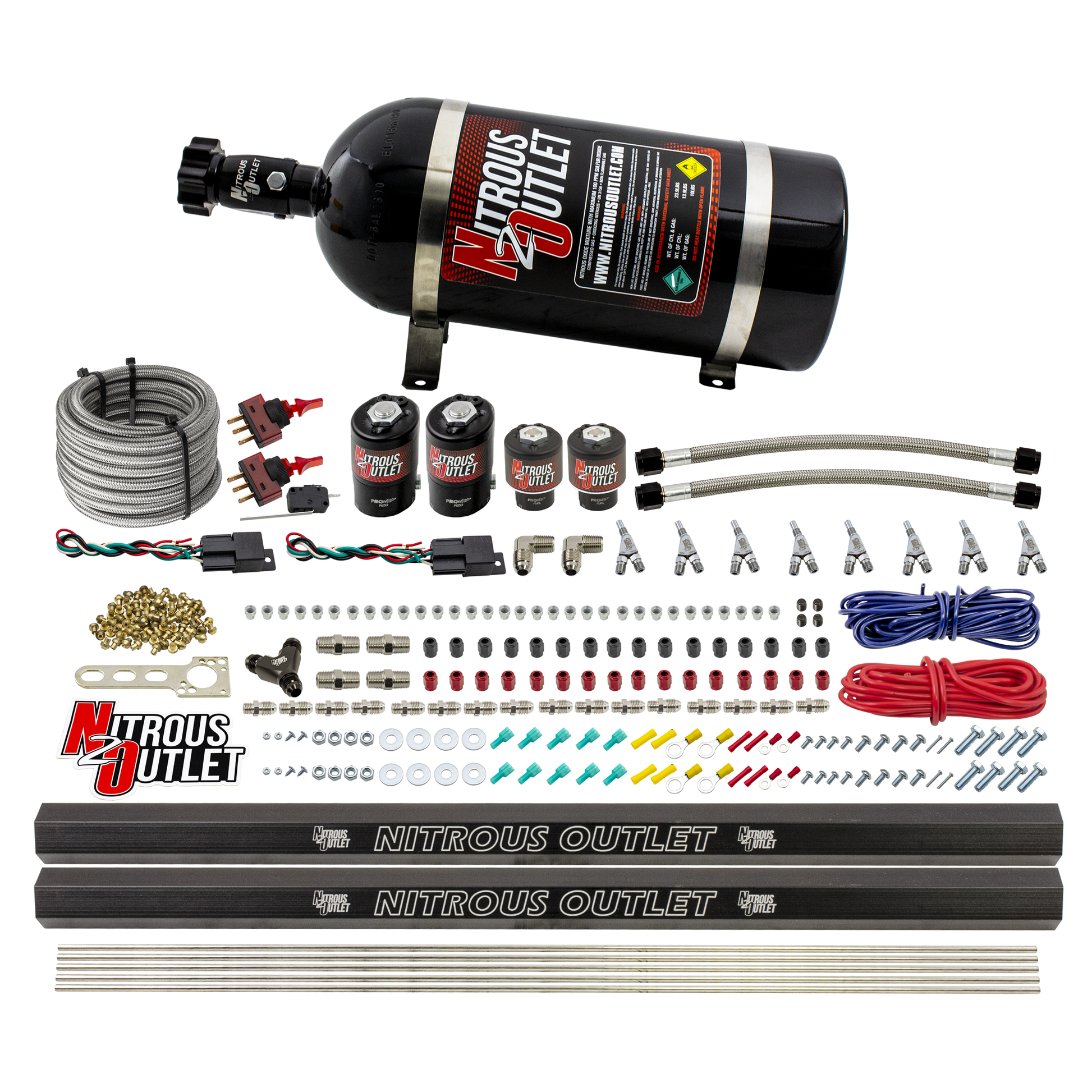 Nitrous Outlet 4 Cylinder Dual Stage Direct Port System - Two .122 Nitrous Solenoids/Two .177 Fuel Solenoids/Two Dual Passage Injection Rails/Annular Discharge Nozzles (E85)(5-7-10 psi)(50-250HP)(12lb Bottle)