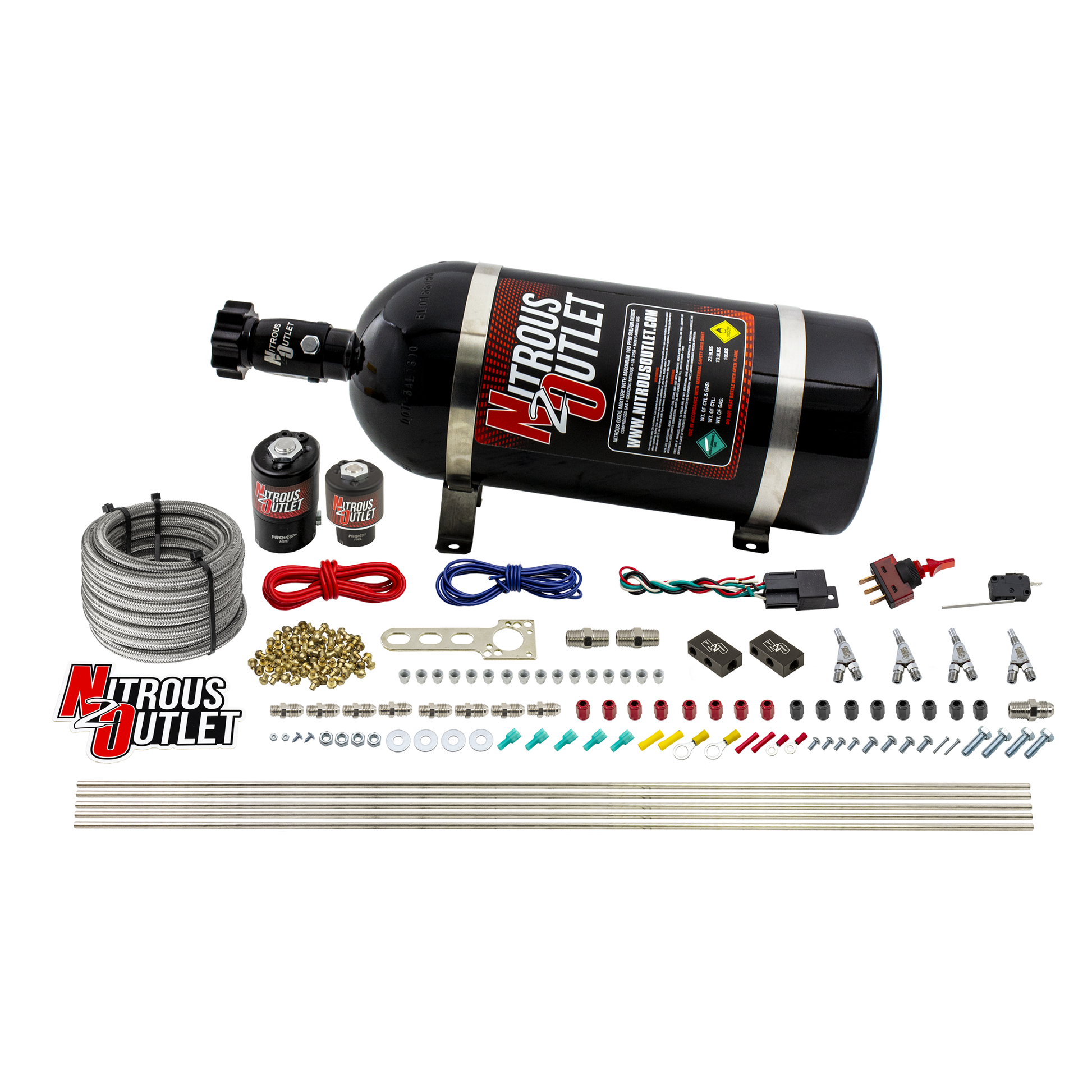 Nitrous Outlet 4 Cylinder Direct Port System - .122 Nitrous Solenoid/.177 Fuel Solenoid/Distribution Blocks/Annular Degree Discharge Nozzles (E85)(5-7-10 psi)(50-250HP)(15lb Bottle)