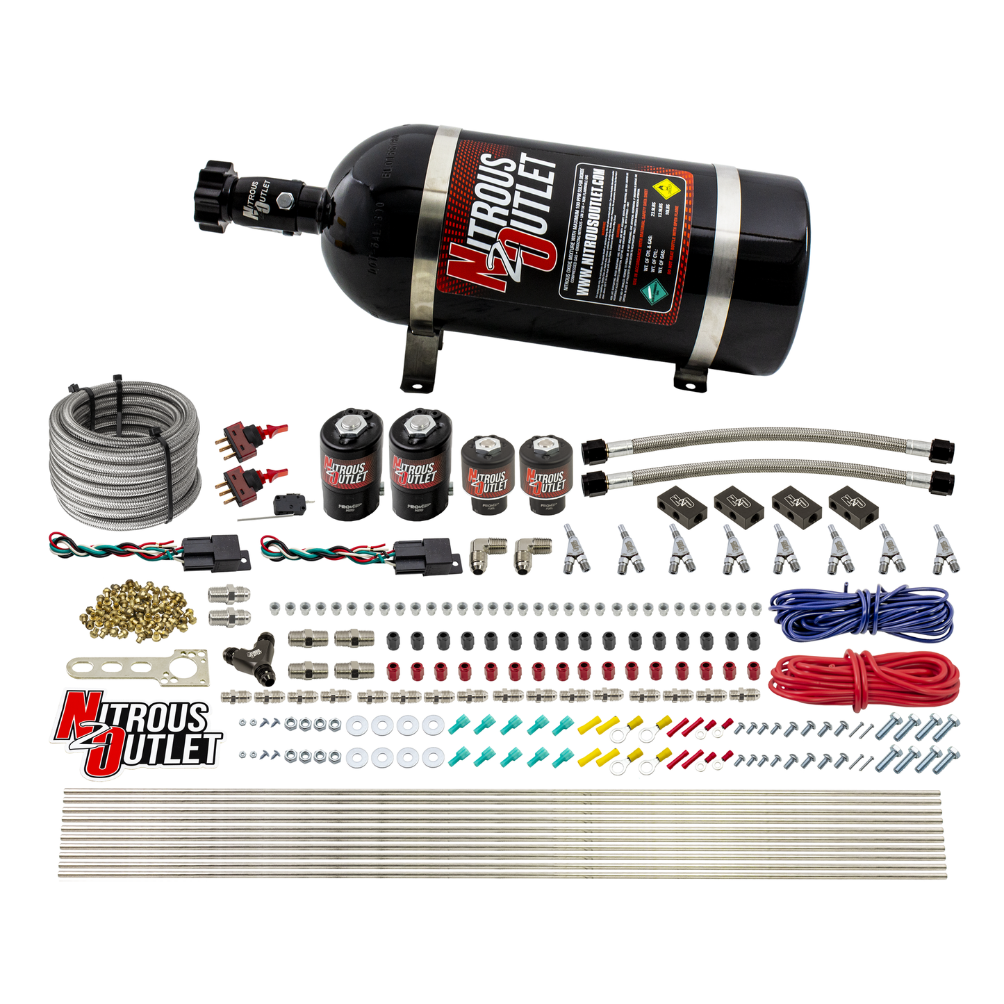 Nitrous Outlet 4 Cylinder Dual Stage Direct Port System - Two .122 Nitrous Solenoids/Two .177 Fuel Solenoids/Distribution Blocks/Annular Discharge Nozzles (E85)(5-7-10 psi)(50-250HP)(12lb Bottle)