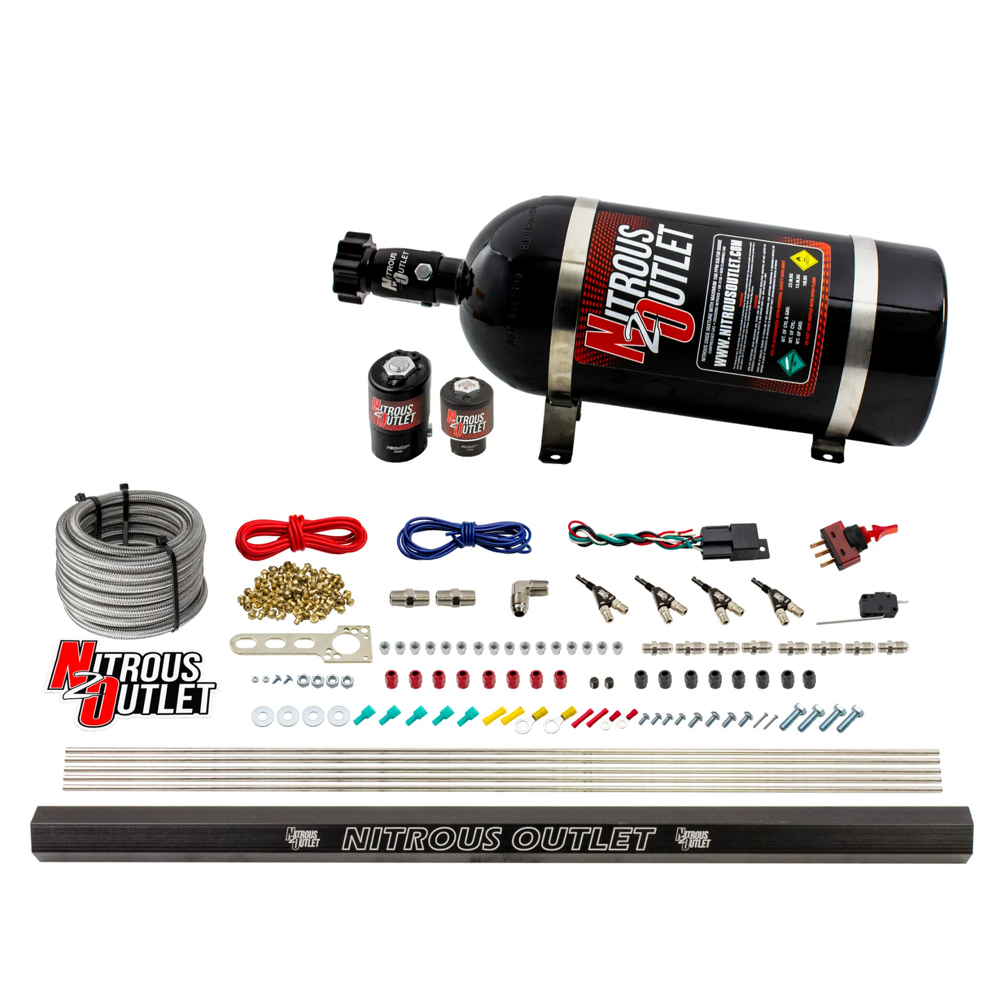 Nitrous Outlet 4 Cylinder Direct Port System - .122 Nitrous Solenoids/.177 Fuel Solenoids/Dual Passage Injection Rail/90 Degree Discharge Nozzles (Gas)(5-7-10 psi)(50-250HP)(No Bottle)