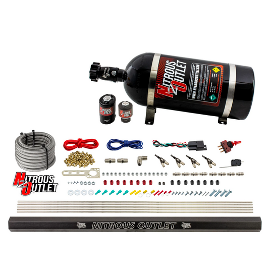 Nitrous Outlet 4 Cylinder Direct Port System - .122 Nitrous Solenoids/.177 Fuel Solenoids/Dual Passage Injection Rail/90 Degree Discharge Nozzles (Gas)(5-7-10 psi)(50-250HP)(15lb Bottle)
