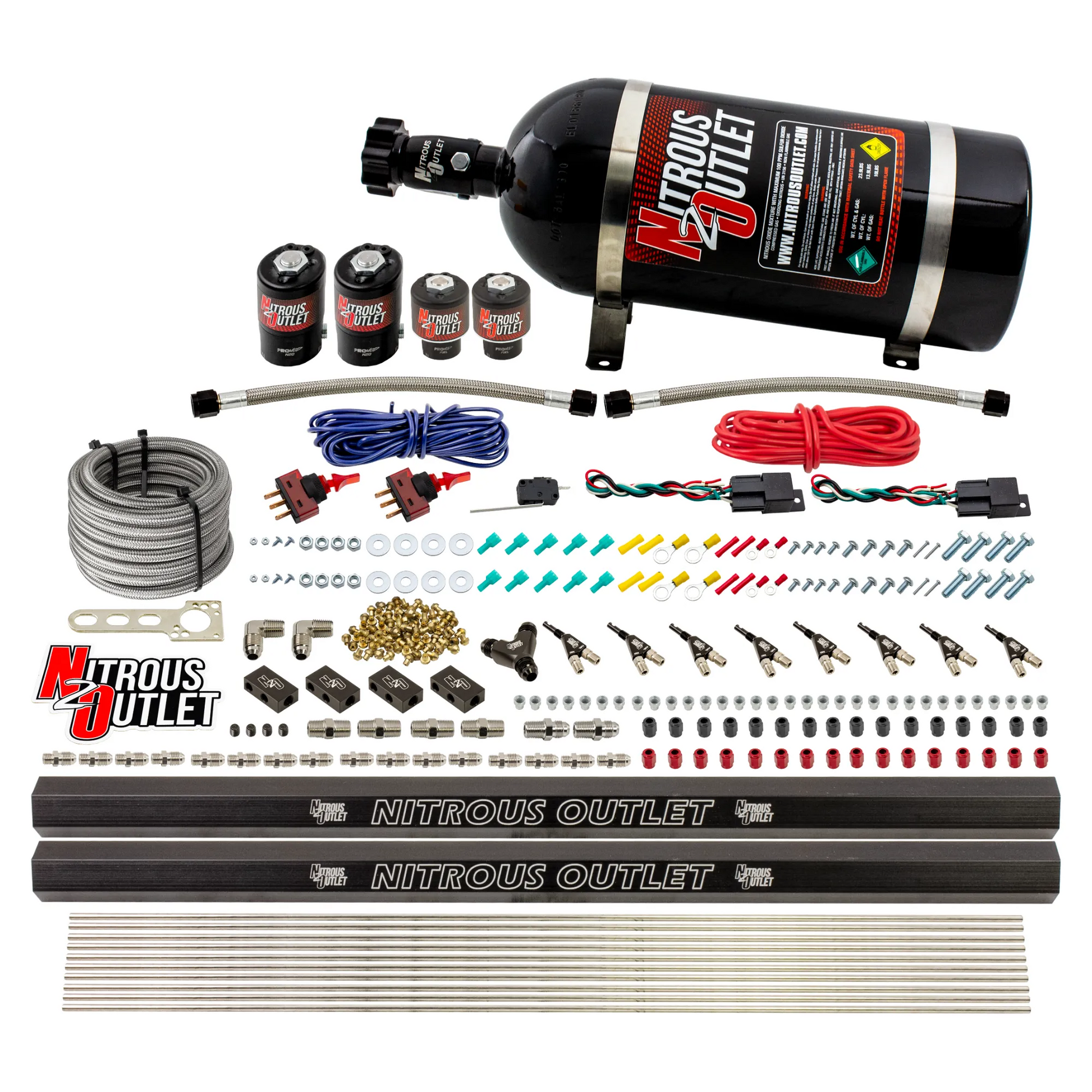 Nitrous Outlet 4 Cylinder Dual Stage Direct Port System - Two .122 Nitrous Solenoids/Two .177 Fuel Solenoids/Two Dual Passage Injection Rails/90 Degree Discharge Nozzles (Gas)(5-7-10 psi)(50-250HP)(No Bottle)