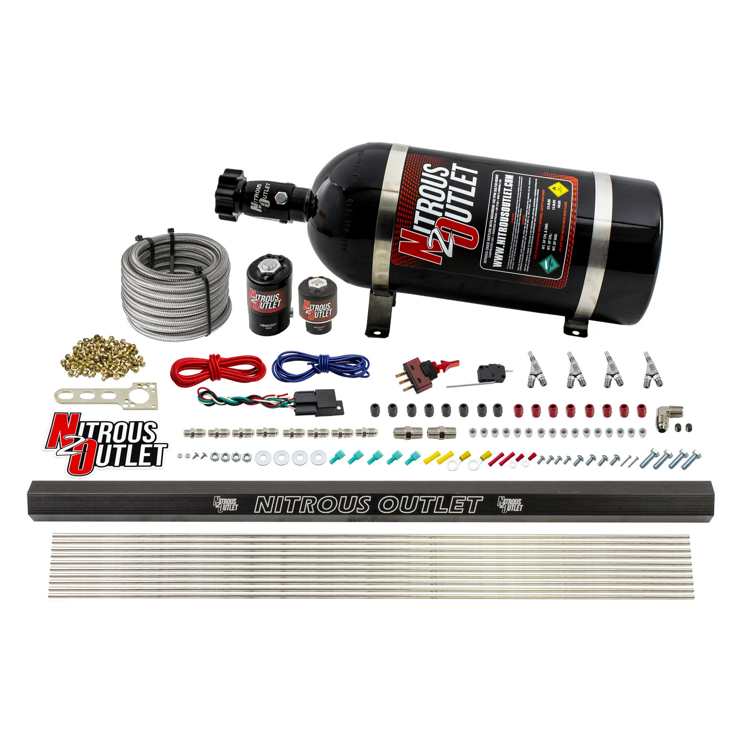 Nitrous Outlet 4 Cylinder Direct Port System - .122 Nitrous Solenoids/.177 Fuel Solenoids/Dual Passage Injection Rail/Annular Discharge Nozzles (Gas)(45-55 psi)(50-250HP)(12lb Bottle)