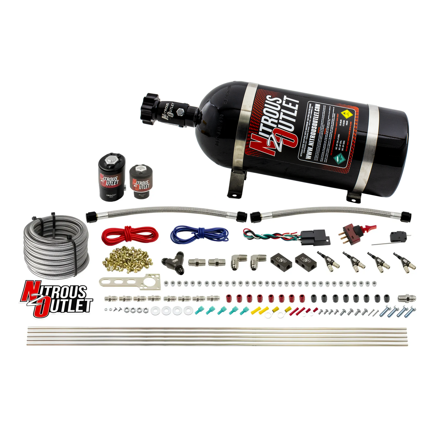 Nitrous Outlet 4 Cylinder Direct Port System - .122 Nitrous Solenoid/.177 Fuel Solenoid/Distribution Blocks/90 Degree Discharge Nozzles (Gas)(45-55 psi)(50-250HP)(12lb Bottle)