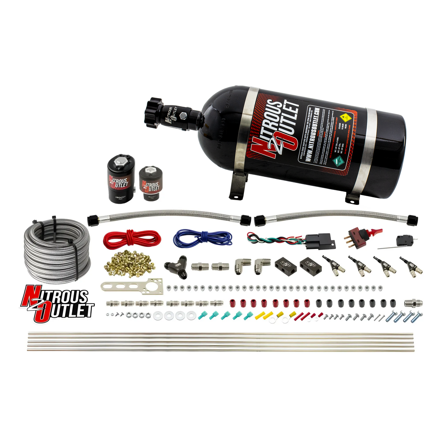 Nitrous Outlet 4 Cylinder Direct Port System - .122 Nitrous Solenoid/.177 Fuel Solenoid/Distribution Blocks/90 Degree Discharge Nozzles (E85)(45-55 psi)(50-250HP)(15lb Bottle)
