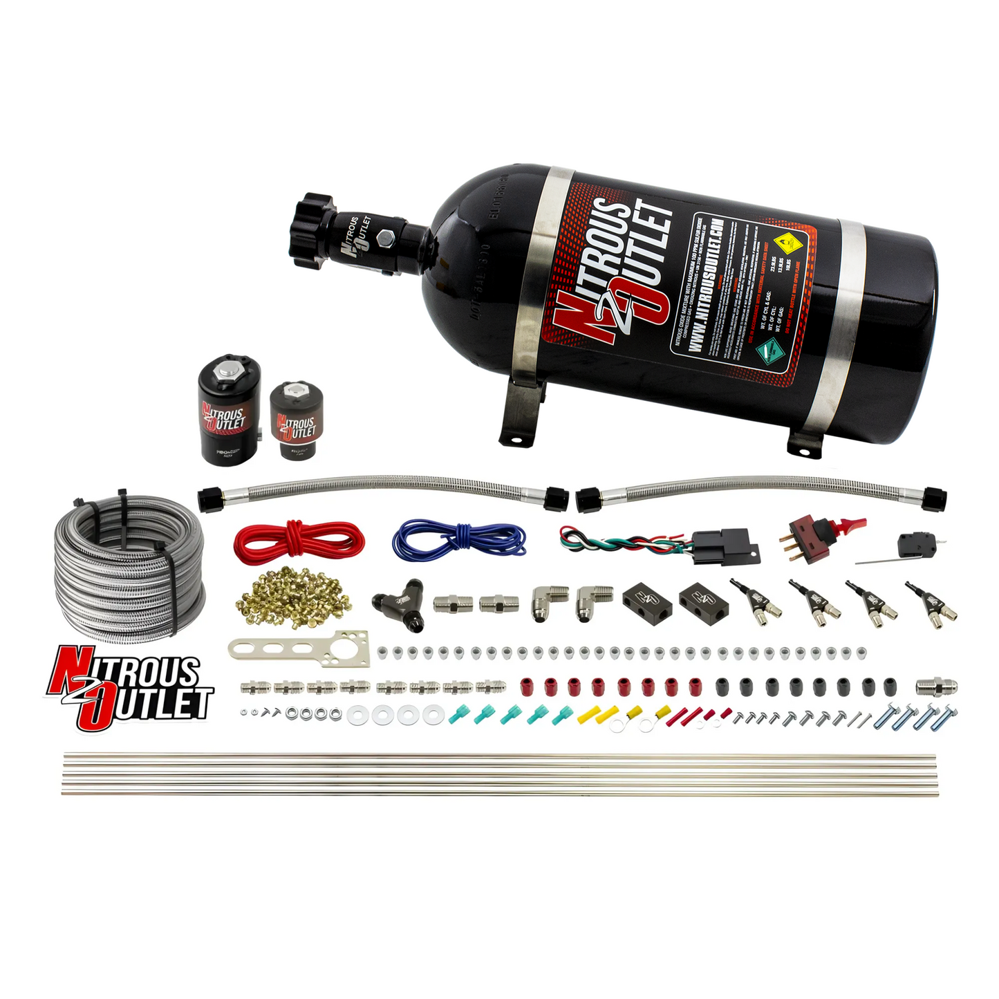 Nitrous Outlet 4 Cylinder Direct Port System - .122 Nitrous Solenoids/.177 Fuel Solenoids/Dual Passage Injection Rail/90 Degree Discharge Nozzles (E85)(45-55 psi)(50-250HP)(12lb Bottle)