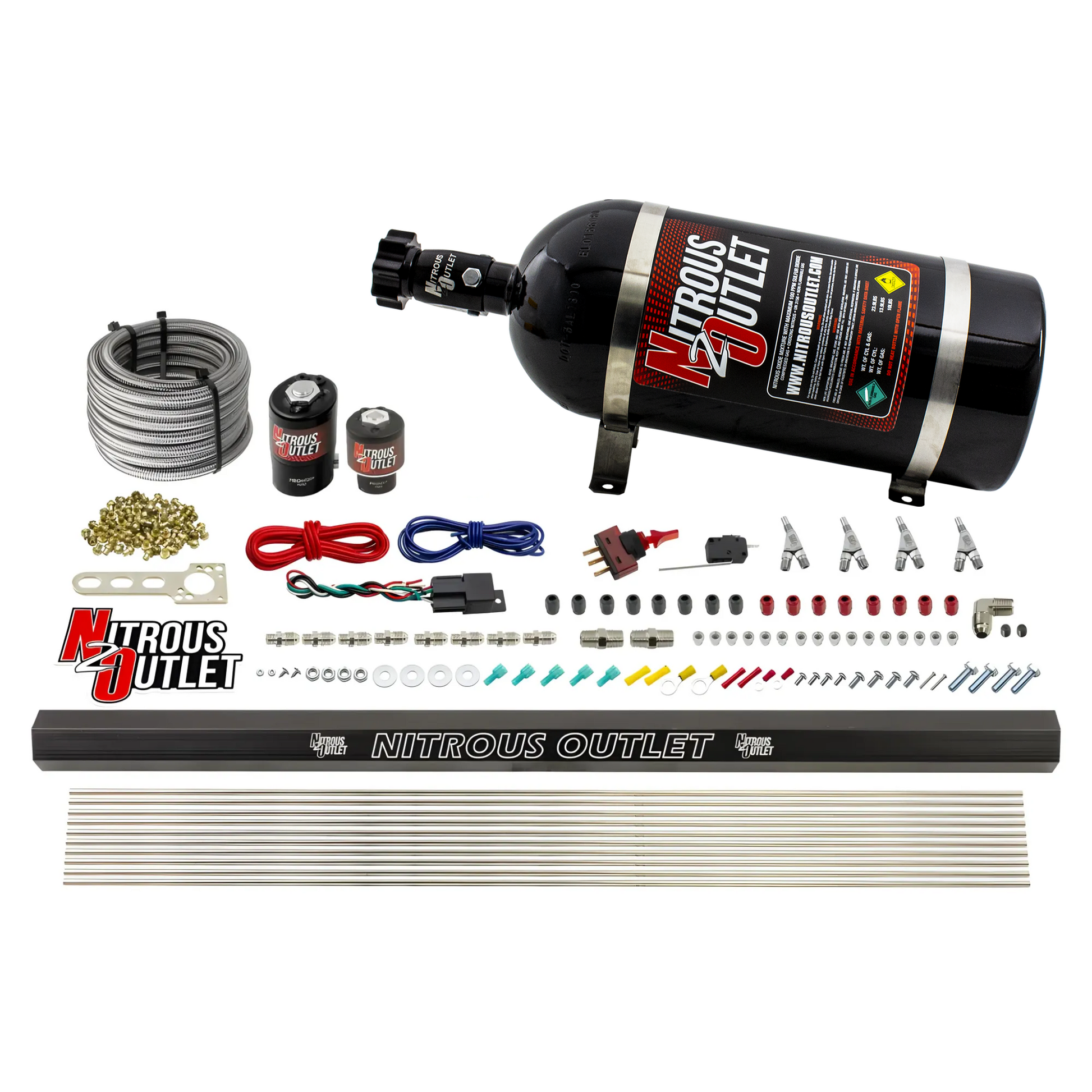 Nitrous Outlet 4 Cylinder Direct Port System - .122 Nitrous Solenoids/.177 Fuel Solenoids/Dual Passage Injection Rail/Annular Discharge Nozzles (E85)(45-55 psi)(50-250HP)(15lb Bottle)