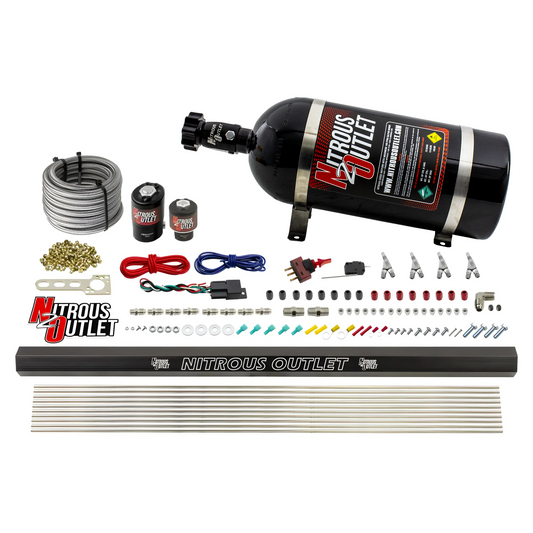 Nitrous Outlet 4 Cylinder Direct Port System - .122 Nitrous Solenoids/.177 Fuel Solenoids/Dual Passage Injection Rail/Annular Discharge Nozzles (E85)(45-55 psi)(50-250HP)(15lb Bottle)