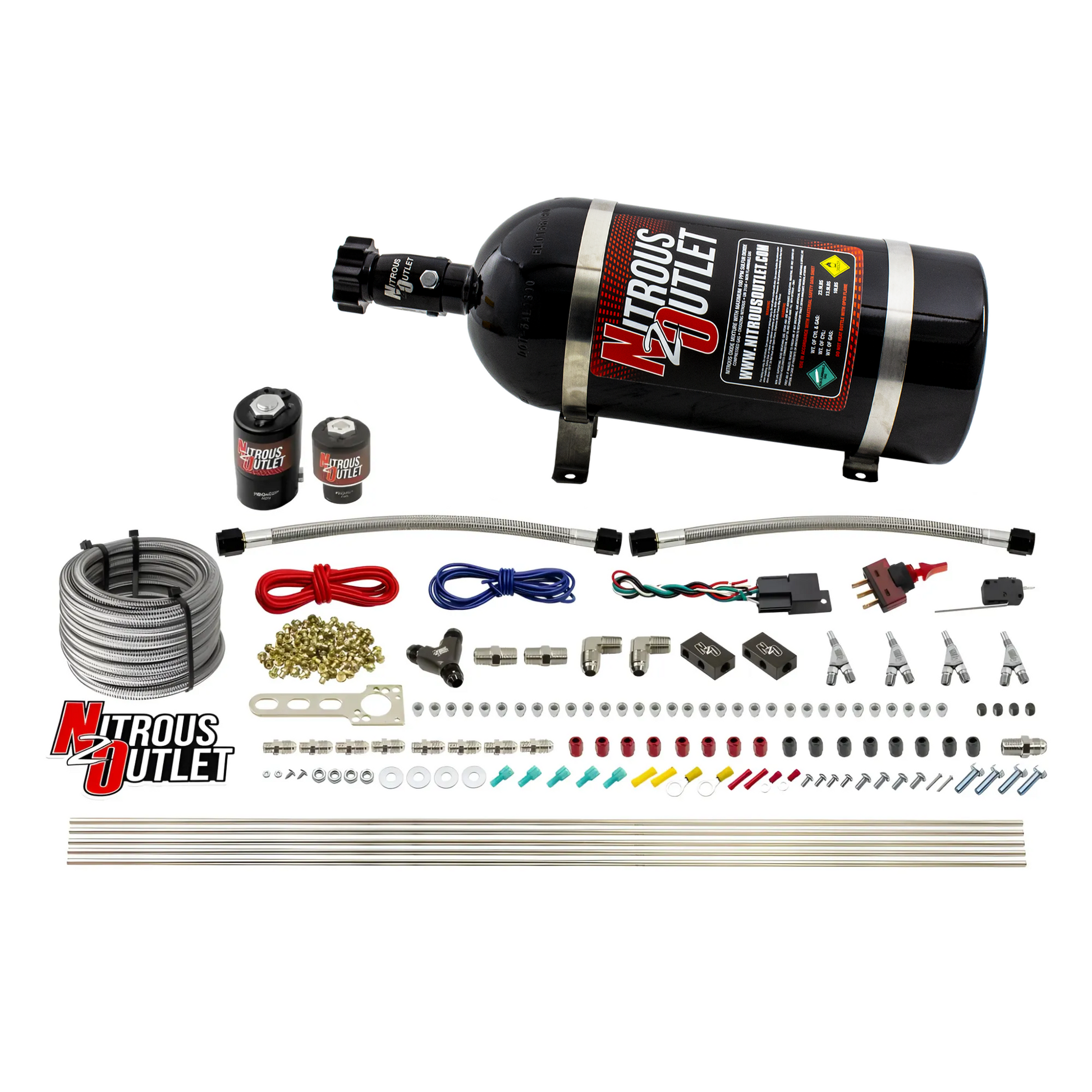 Nitrous Outlet 4 Cylinder Direct Port System - .122 Nitrous Solenoid/.177 Fuel Solenoid/Distribution Blocks/Annular Degree Discharge Nozzles (Gas)(45-55 psi)(50-250HP)(No Bottle)