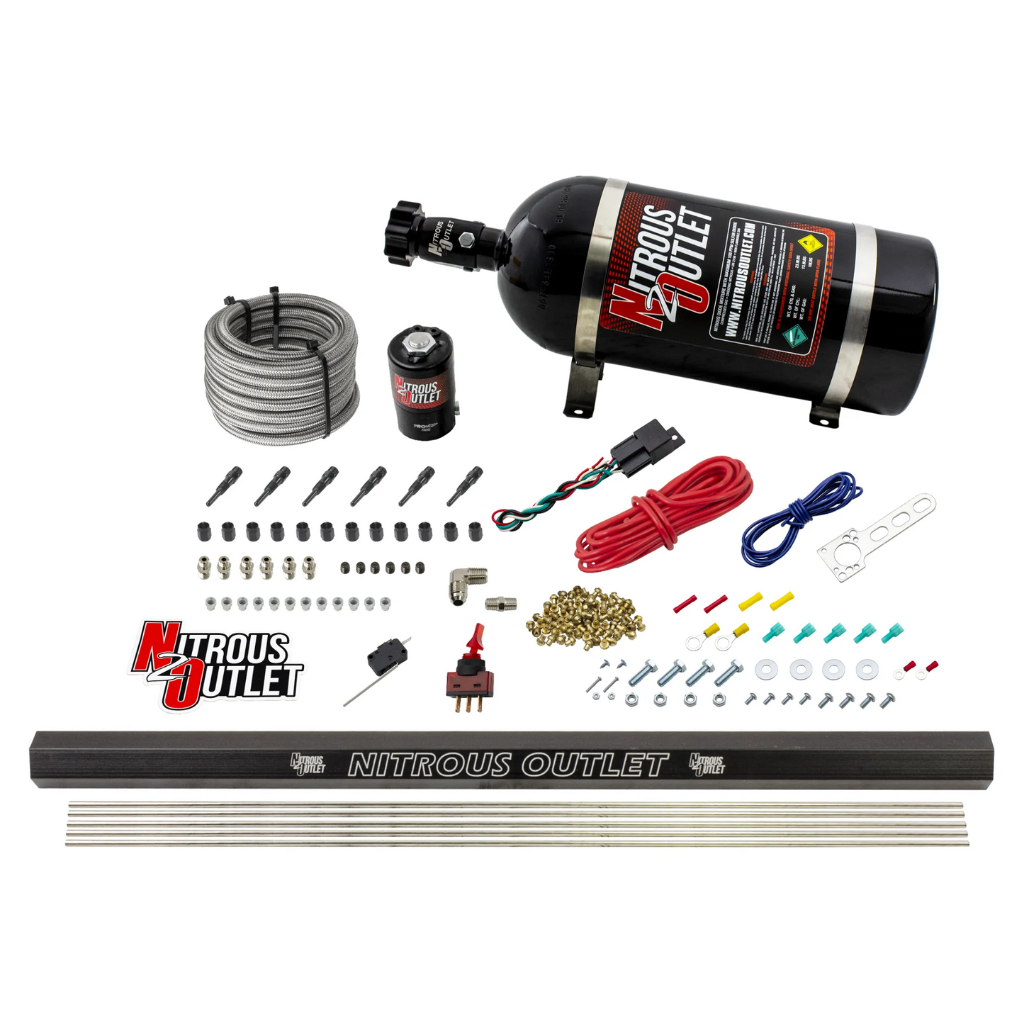 Nitrous Outlet Dry 6 Cylinder Direct Port System - .122 Nitrous Solenoid/Injection Rail/90 Degree Discharge Nozzles (75-375HP)(12lb Bottle)