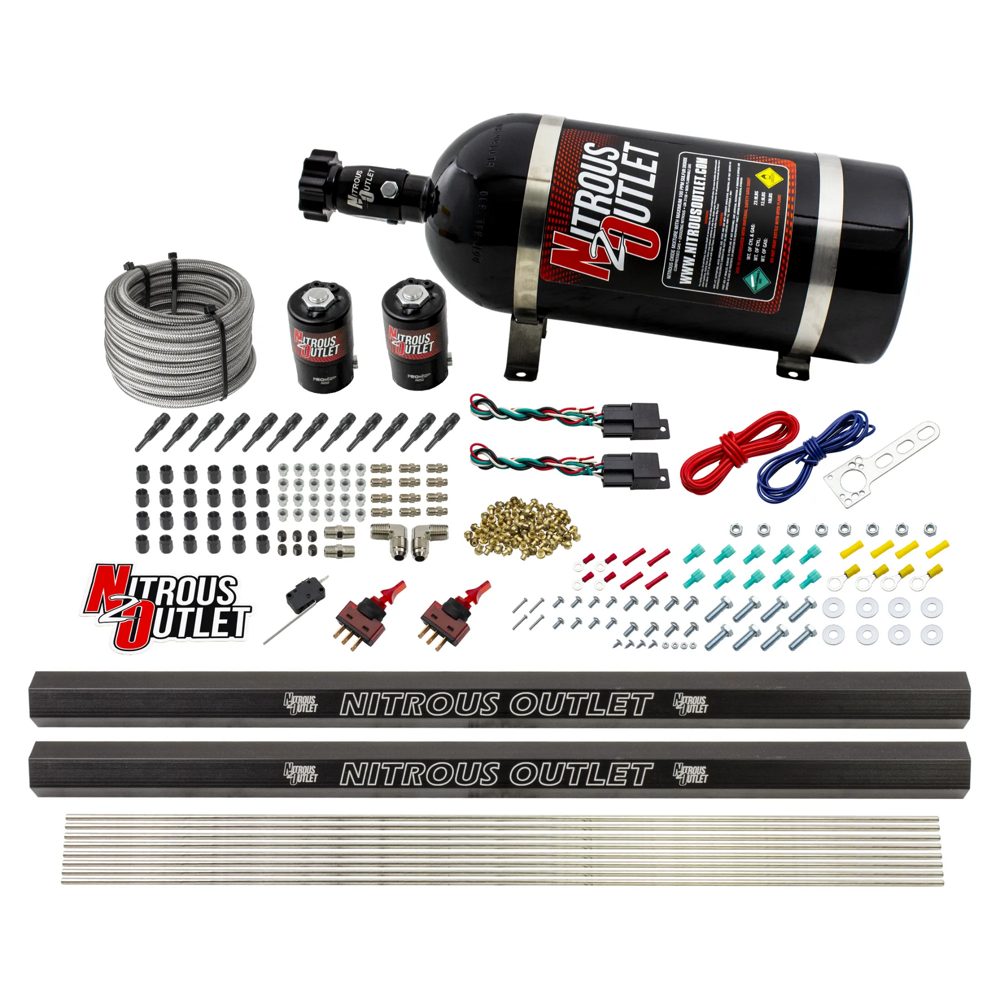 Nitrous Outlet Dry 6 Cylinder Dual Stage Direct Port System - Two .122 Nitrous Solenoids/Dual Passage Injection Rail/SBT Dual Passage Discharge Nozzles (75-375HP)(15lb Bottle)