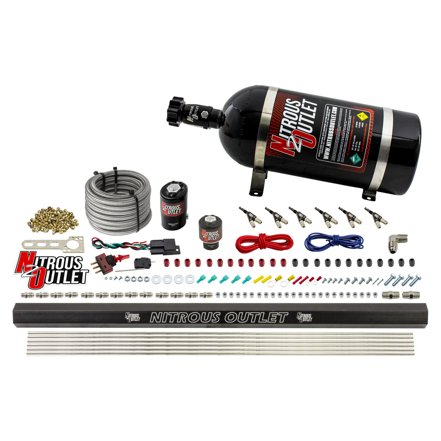 Nitrous Outlet 6 Cylinder Direct Port System - .122 Nitrous Solenoid/.177 Fuel Solenoid/Distribution Blocks/90 Degree Discharge Nozzles (Alcohol)(5-7-10 psi)(75-375HP)(No Bottle)