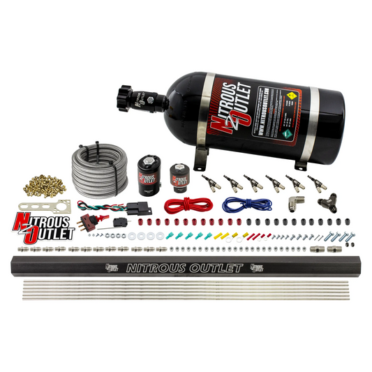 Nitrous Outlet 6 Cylinder Direct Port System - .122 Nitrous Solenoids/.177 Fuel Solenoids/Dual Passage Injection Rail/90 Degree Discharge Nozzles (Alcohol)(5-7-10 psi)(75-375HP)(12lb Bottle)