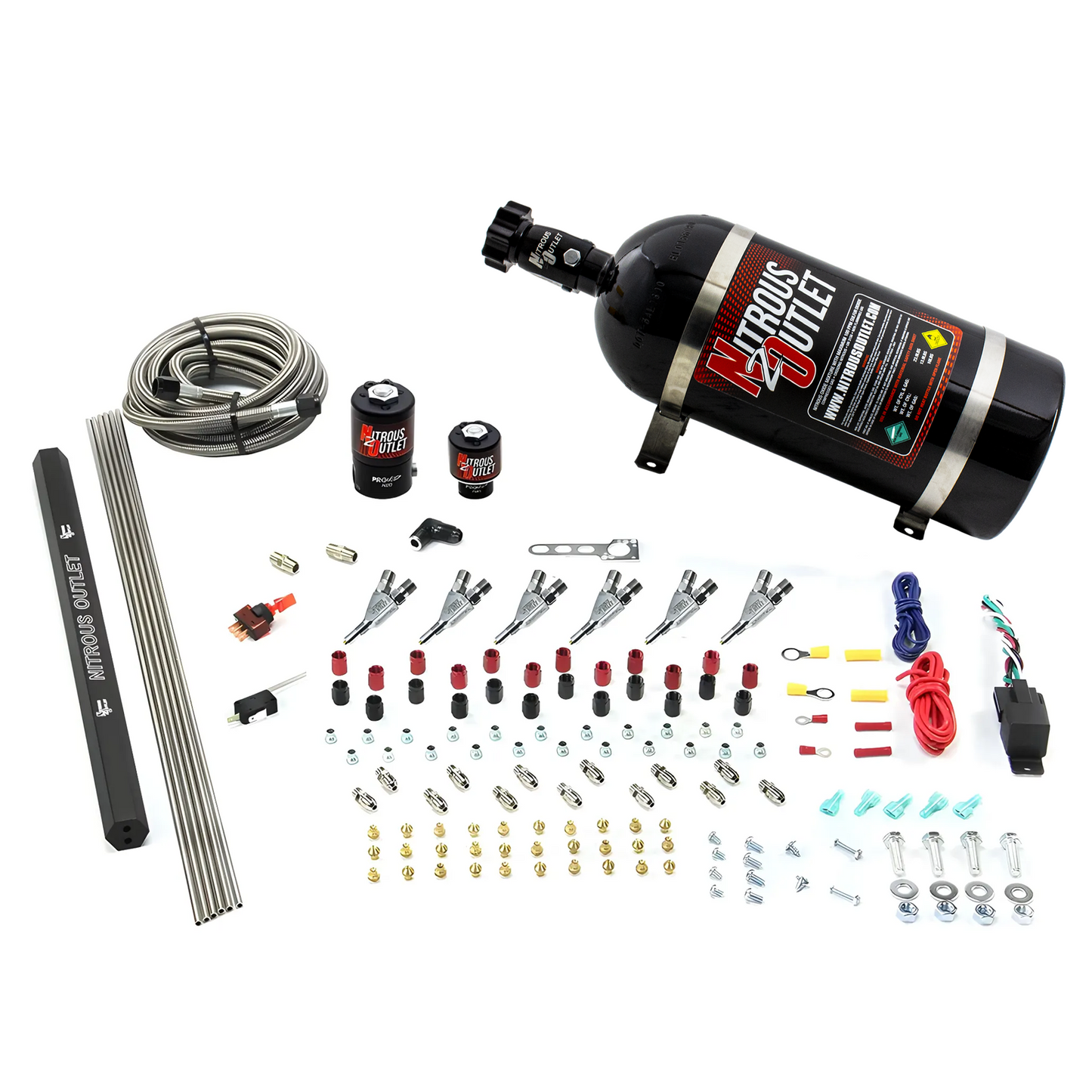Nitrous Outlet 6 Cylinder Direct Port System - .122 Nitrous Solenoids/.177 Fuel Solenoids/Dual Passage Injection Rail/Annular Discharge Nozzles (Alcohol)(5-7-10 psi)(75-375HP)(15lb Bottle)