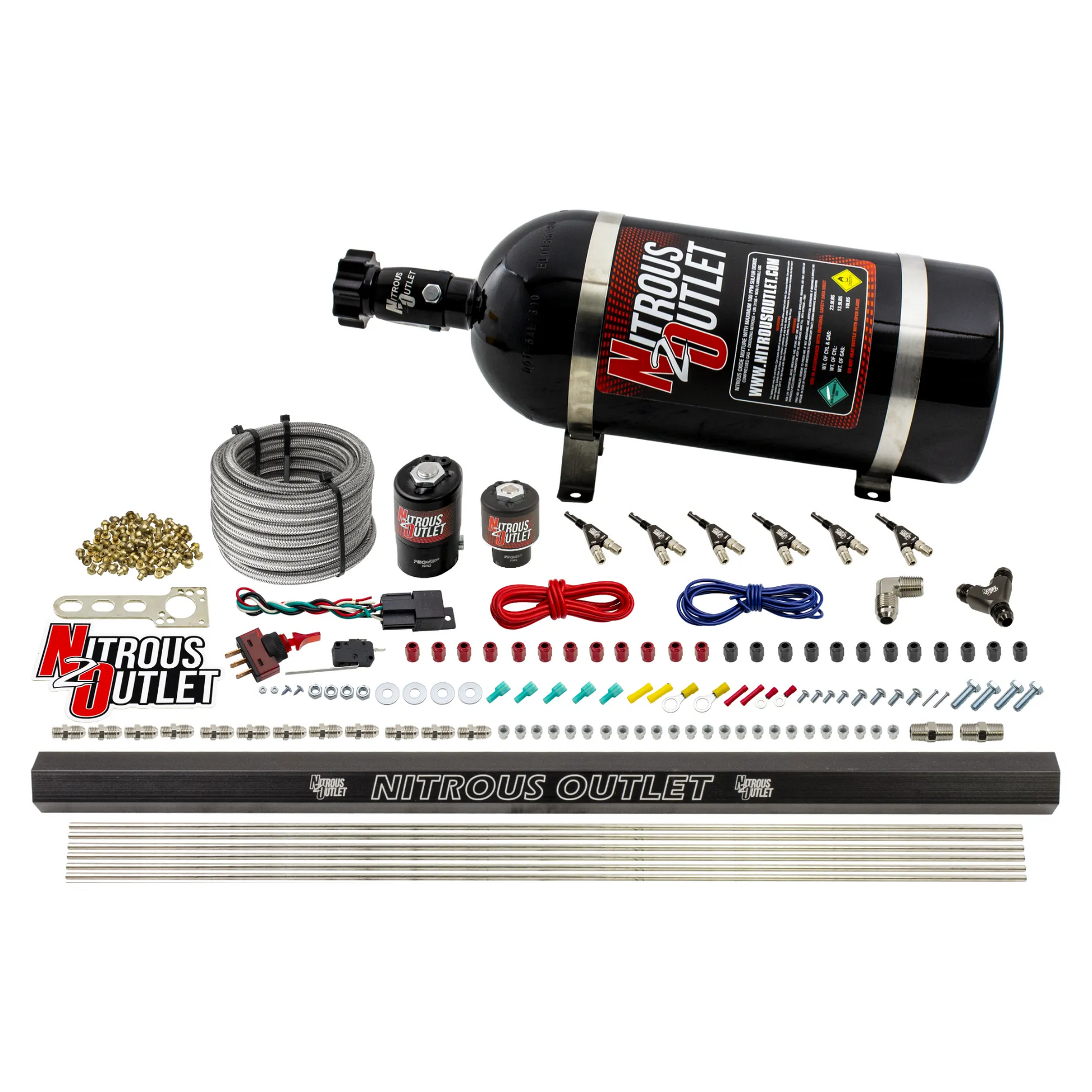 Nitrous Outlet 6 Cylinder Direct Port System - .122 Nitrous Solenoid/.177 Fuel Solenoid/Distribution Blocks/90 Degree Discharge Nozzles (E85)(5-7-10 psi)(75-375HP)(No Bottle)
