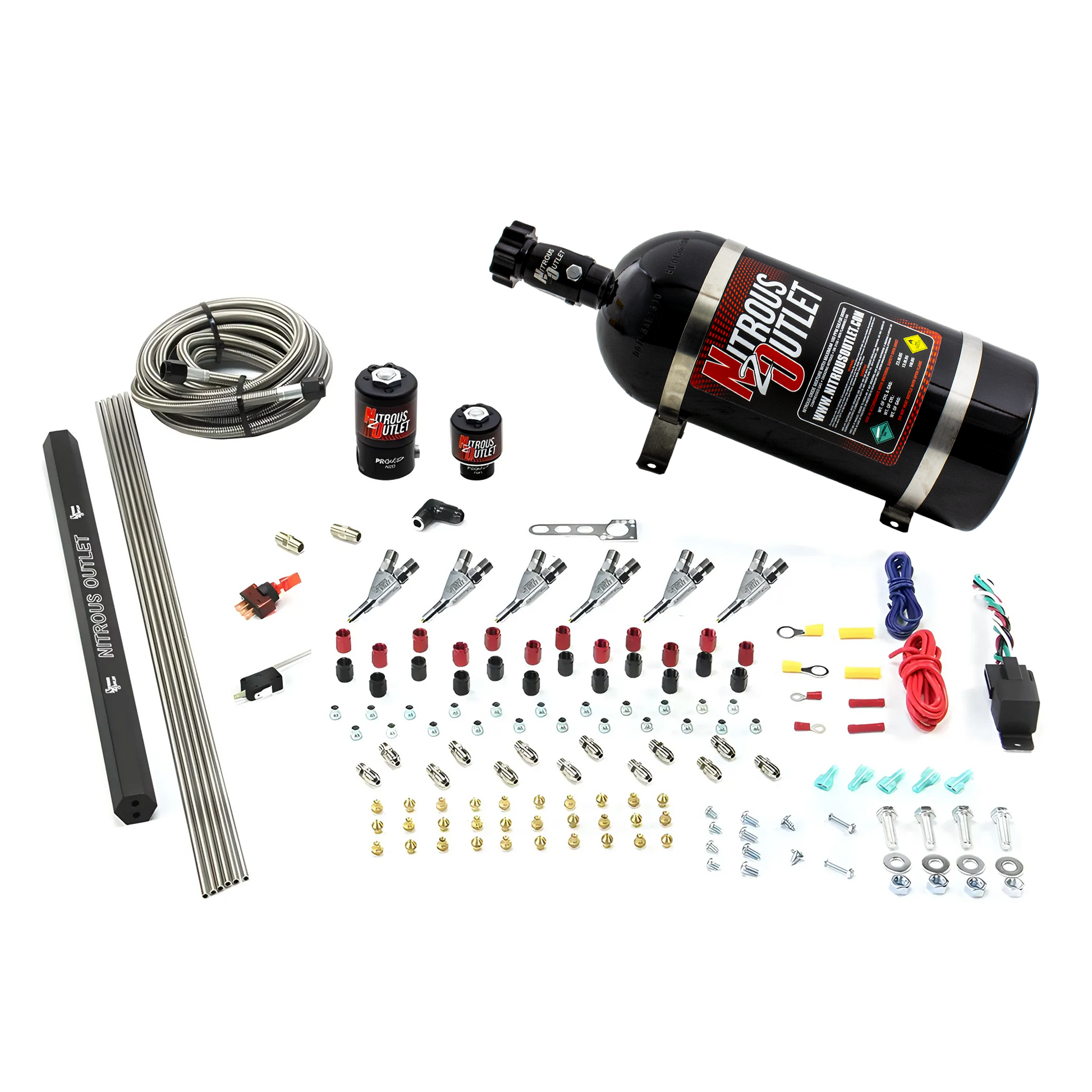 Nitrous Outlet 6 Cylinder Direct Port System - .122 Nitrous Solenoids/.177 Fuel Solenoids/Dual Passage Injection Rail/Annular Discharge Nozzles (E85)(5-7-10 psi)(75-375HP)(12lb Bottle)