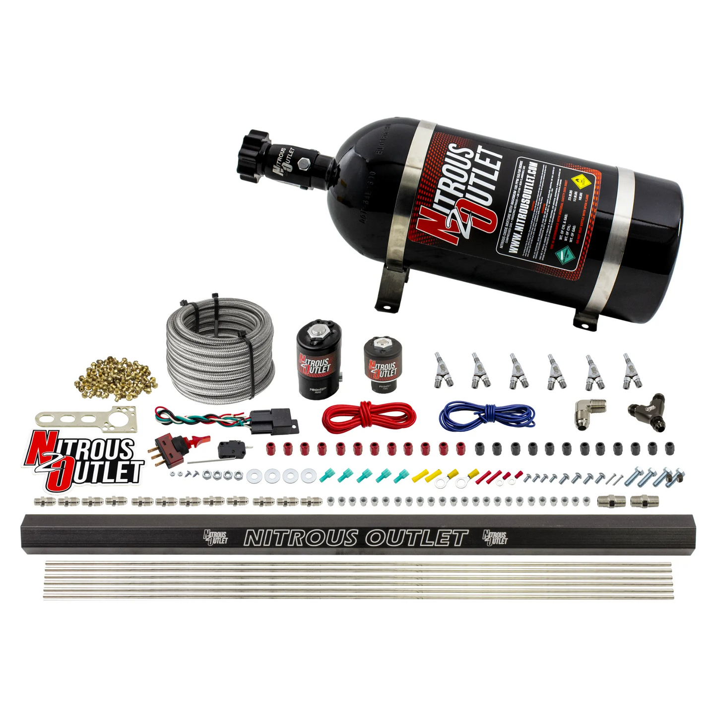 Nitrous Outlet 6 Cylinder Direct Port System - .122 Nitrous Solenoid/.177 Fuel Solenoid/Distribution Blocks/Annular Degree Discharge Nozzles (E85)(5-7-10 psi)(75-375HP)(12lb Bottle)