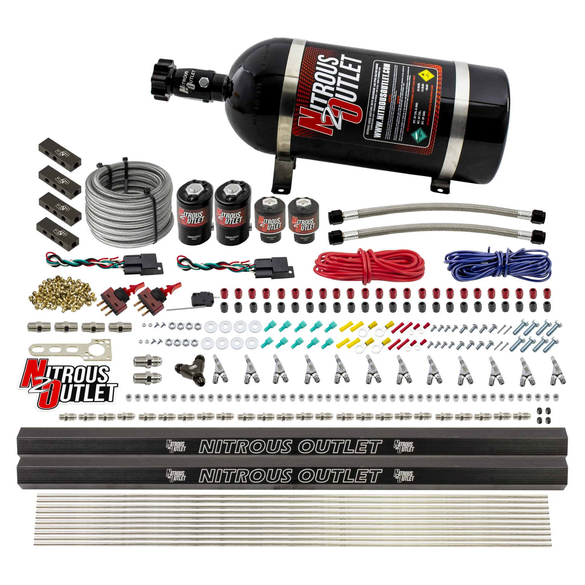 Nitrous Outlet 6 Cylinder Dual Stage Direct Port System - Two .122 Nitrous Solenoids/Two .177 Fuel Solenoids/Distribution Blocks/Annular Discharge Nozzles (E85)(5-7-10 psi)(75-375HP)(15lb Bottle)