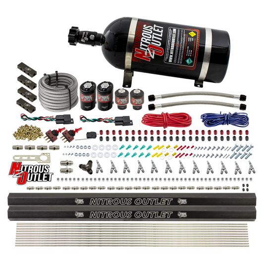 Nitrous Outlet 6 Cylinder Dual Stage Direct Port System - Two .122 Nitrous Solenoids/Two .177 Fuel Solenoids/Distribution Blocks/Annular Discharge Nozzles (E85)(5-7-10 psi)(75-375HP)(10lb Bottle)