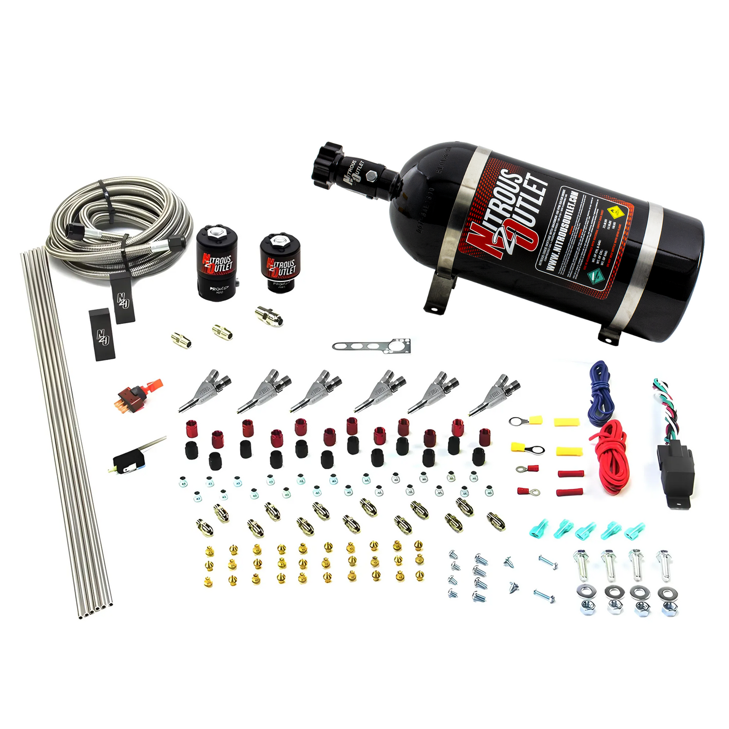 Nitrous Outlet 6 Cylinder Direct Port System - .122 Nitrous Solenoid/.177 Fuel Solenoid/Distribution Blocks/Annular Degree Discharge Nozzles (Gas)(5-7-10 psi)(75-375HP)(12lb Bottle)