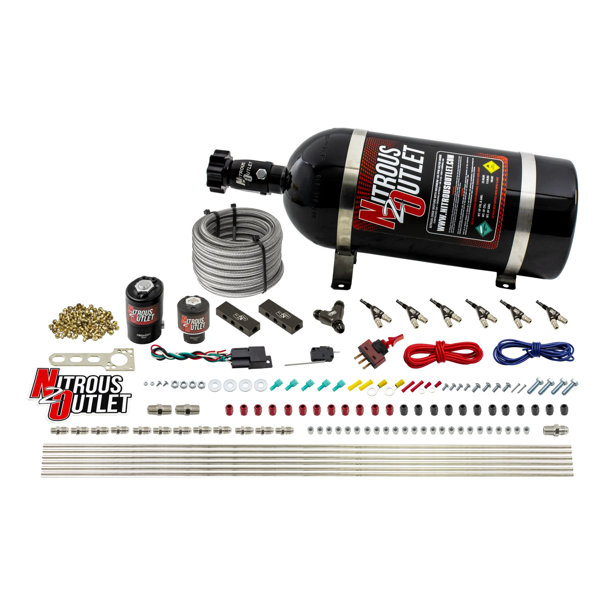 Nitrous Outlet 6 Cylinder Direct Port System - .122 Nitrous Solenoid/.177 Fuel Solenoid/Distribution Blocks/90 Degree Discharge Nozzles (Gas)(45-55 psi)(75-375HP)(12lb Bottle)