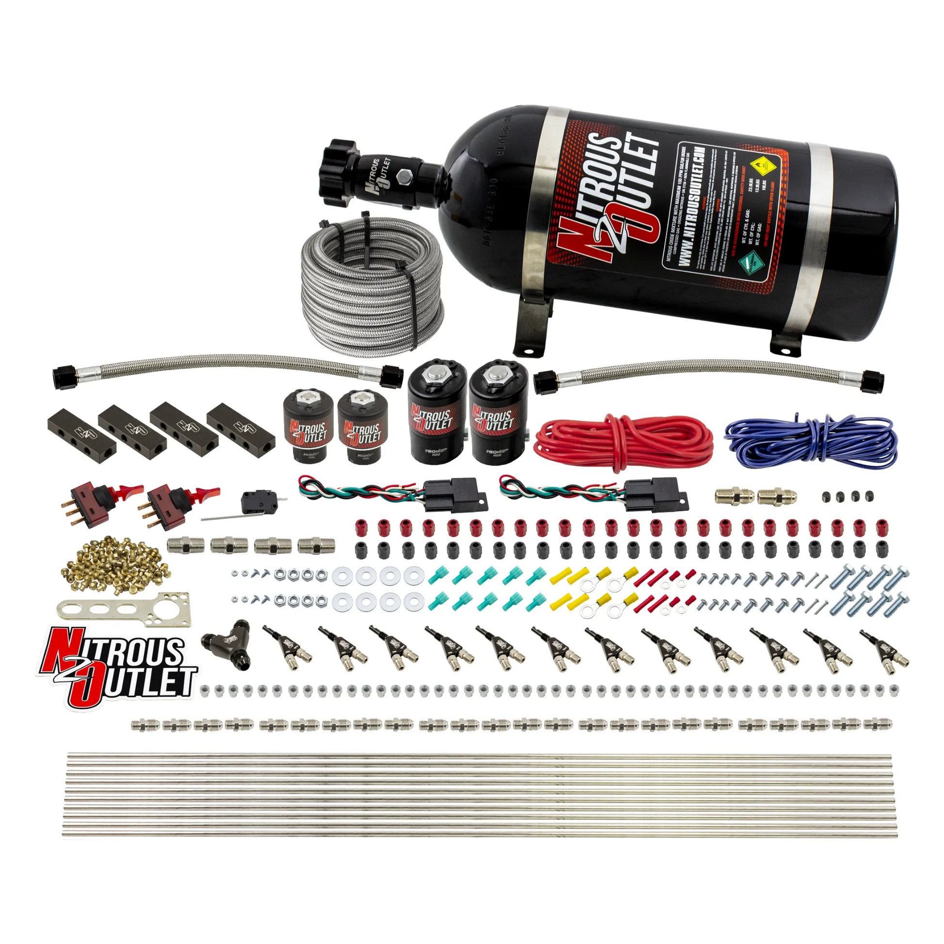 Nitrous Outlet 6 Cylinder Dual Stage Direct Port System - Two .122 Nitrous Solenoids/Two .177 Fuel Solenoids/Distribution Blocks/90 Degree Discharge Nozzles (Gas)(45-55 psi)(75-375HP)(12lb Bottle)