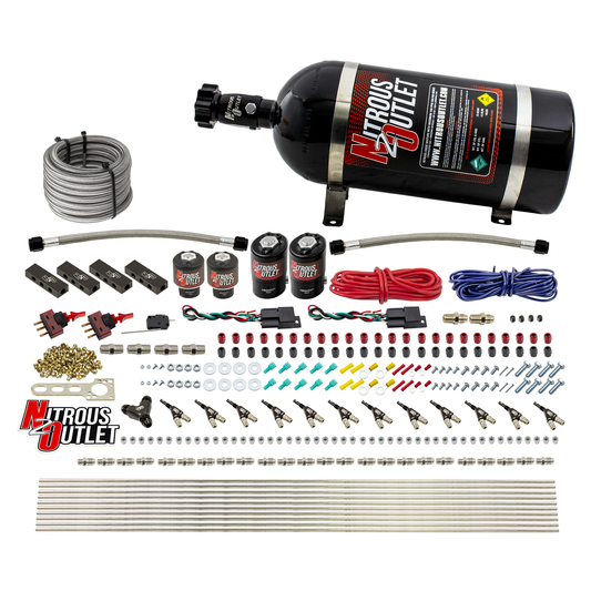 Nitrous Outlet 6 Cylinder Dual Stage Direct Port System - Two .122 Nitrous Solenoids/Two .177 Fuel Solenoids/Distribution Blocks/90 Degree Discharge Nozzles (E85)(45-55 psi)(75-375HP)(No Bottle)