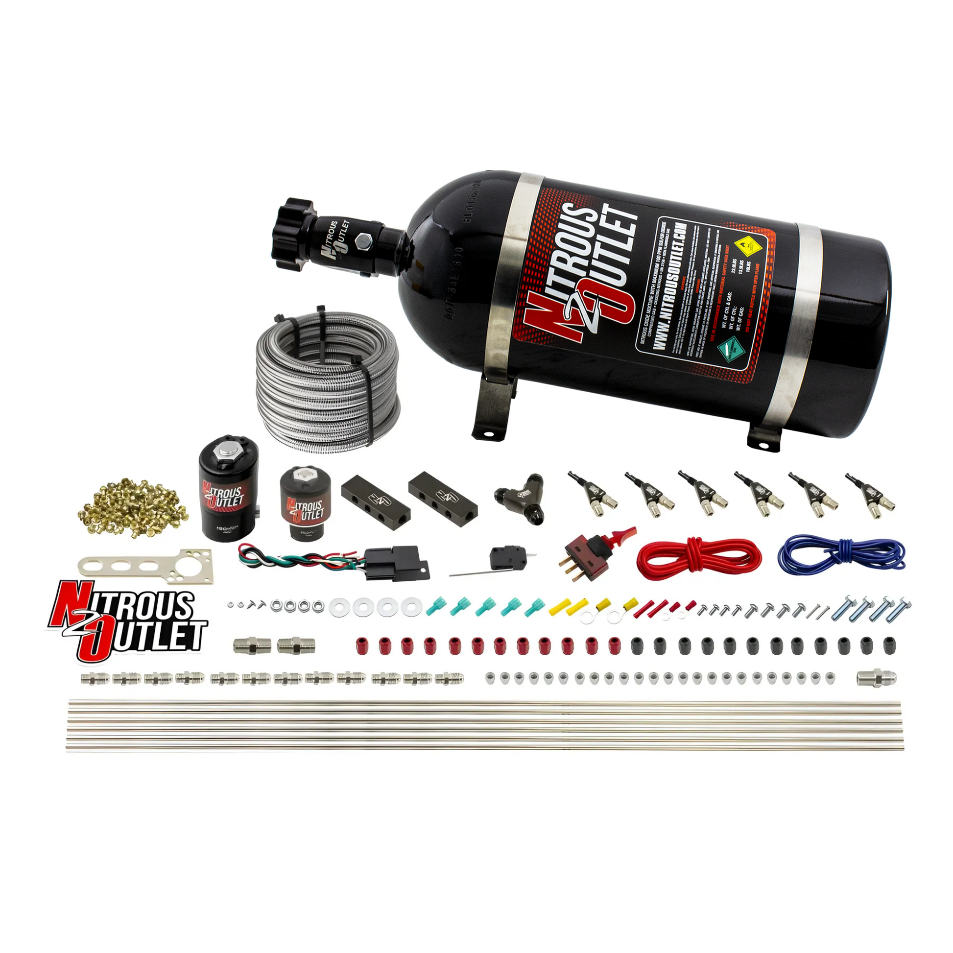 Nitrous Outlet 6 Cylinder Direct Port System - .122 Nitrous Solenoid/.177 Fuel Solenoid/Distribution Blocks/90 Degree Discharge Nozzles (E85)(45-55 psi)(75-375HP)(15lb Bottle)