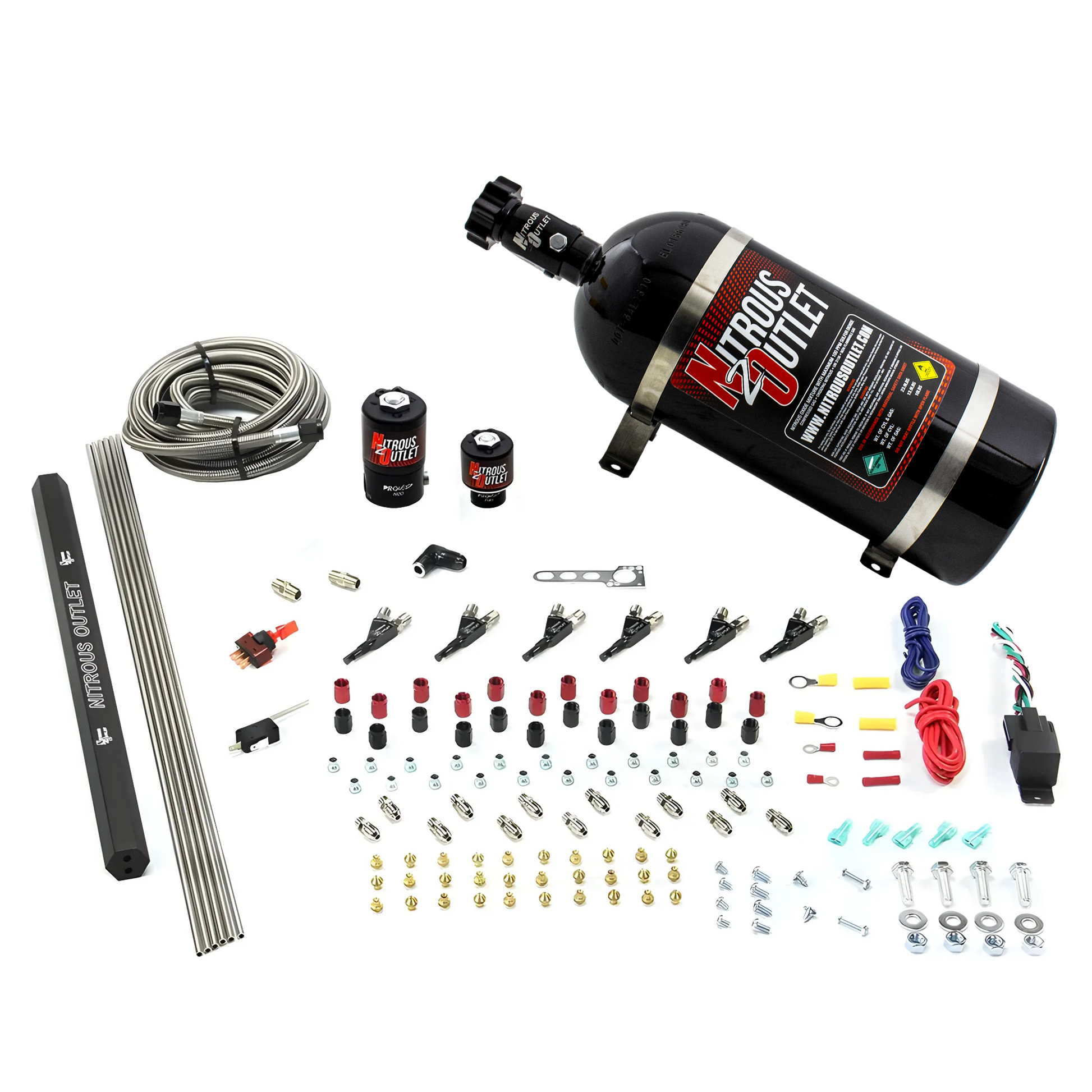 Nitrous Outlet 6 Cylinder Direct Port System - .122 Nitrous Solenoids/.177 Fuel Solenoids/Dual Passage Injection Rail/90 Degree Discharge Nozzles (E85)(45-55 psi)(75-375HP)(12lb Bottle)