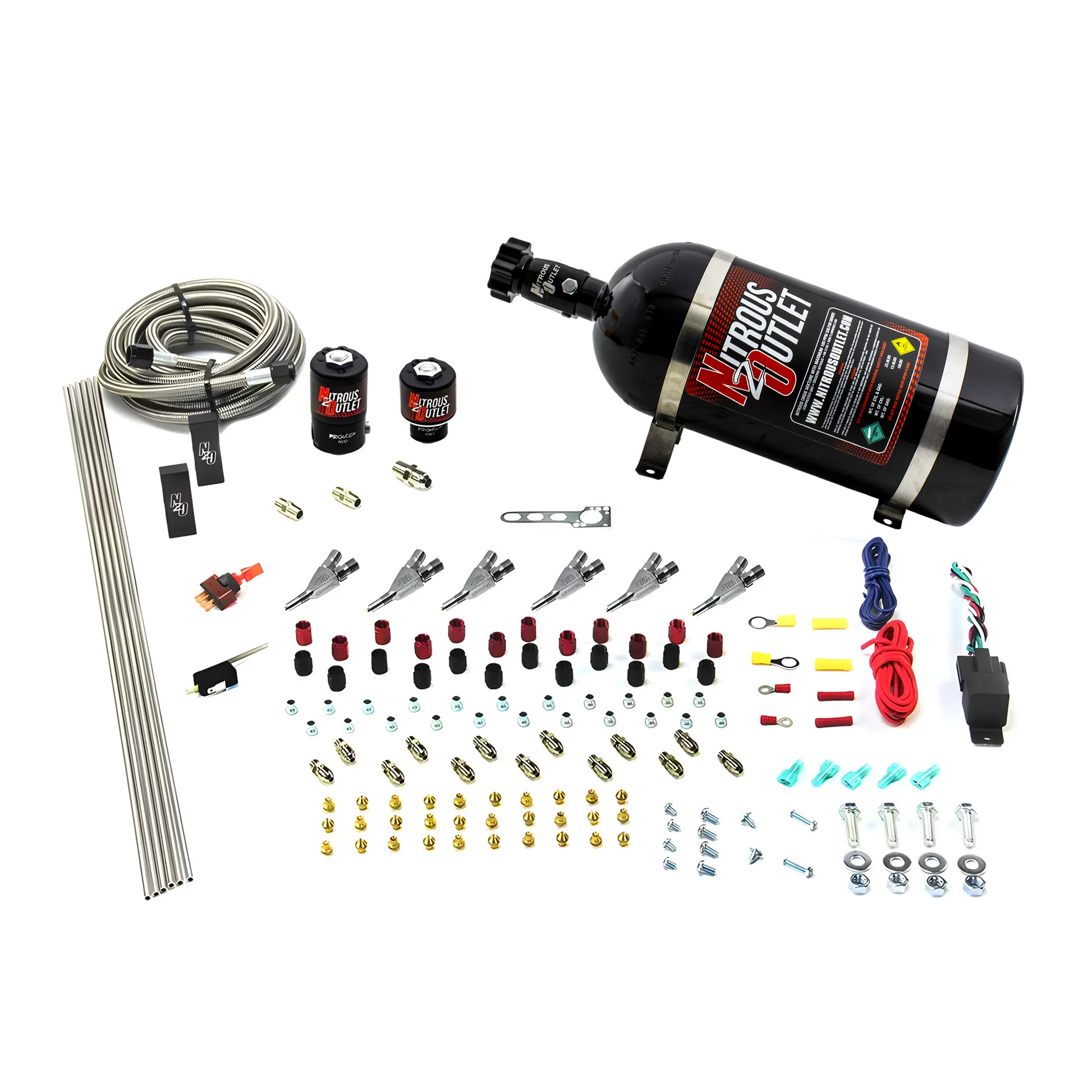Nitrous Outlet 6 Cylinder Direct Port System - .122 Nitrous Solenoid/.177 Fuel Solenoid/Distribution Blocks/Annular Degree Discharge Nozzles (Gas)(45-55 psi)(15lb Bottle)
