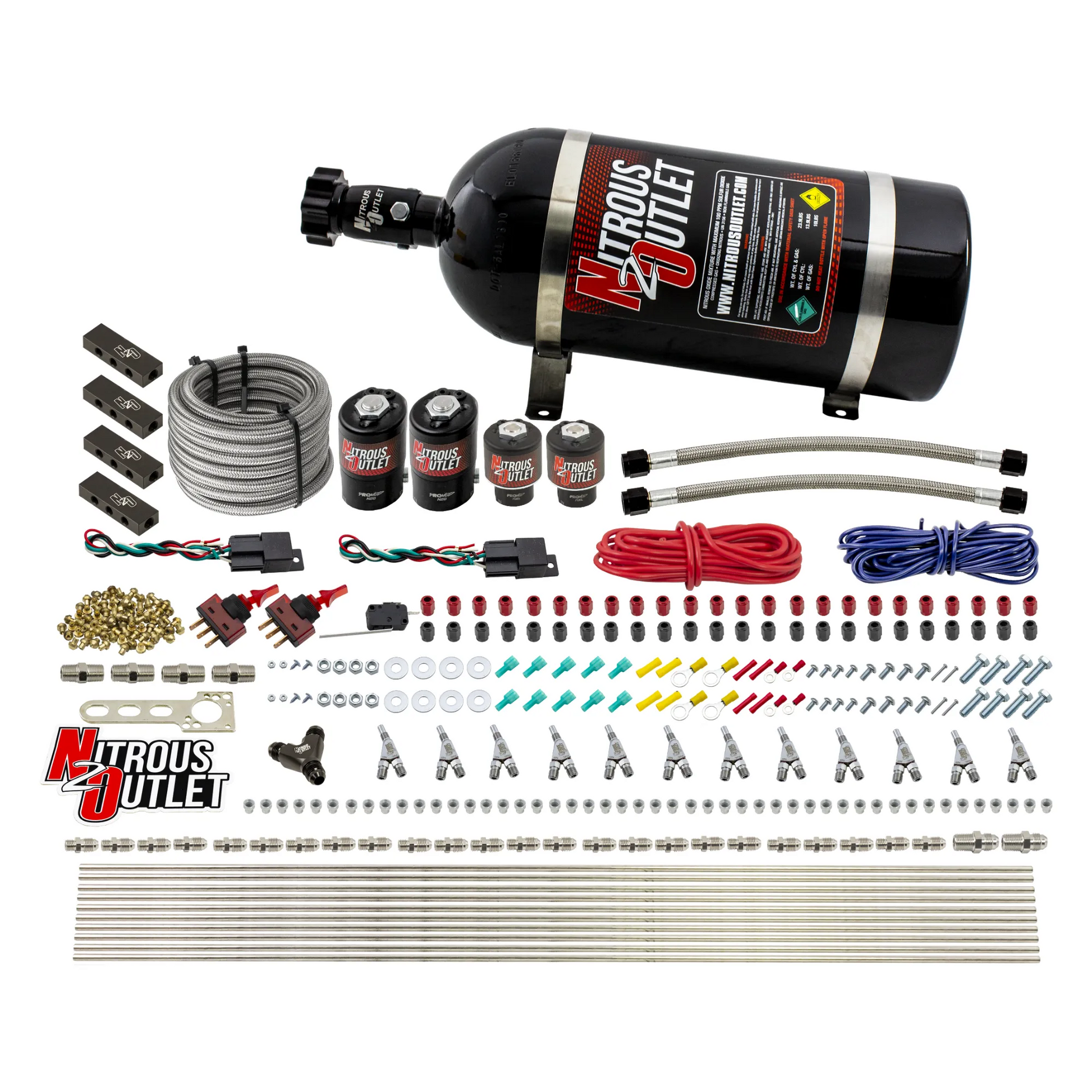 Nitrous Outlet 6 Cylinder Dual Stage Direct Port System - Two .122 Nitrous Solenoids/Two .177 Fuel Solenoids/Distribution Blocks/Annular Discharge Nozzles (Gas)(45-55 psi)(75-375HP)(No Bottle)