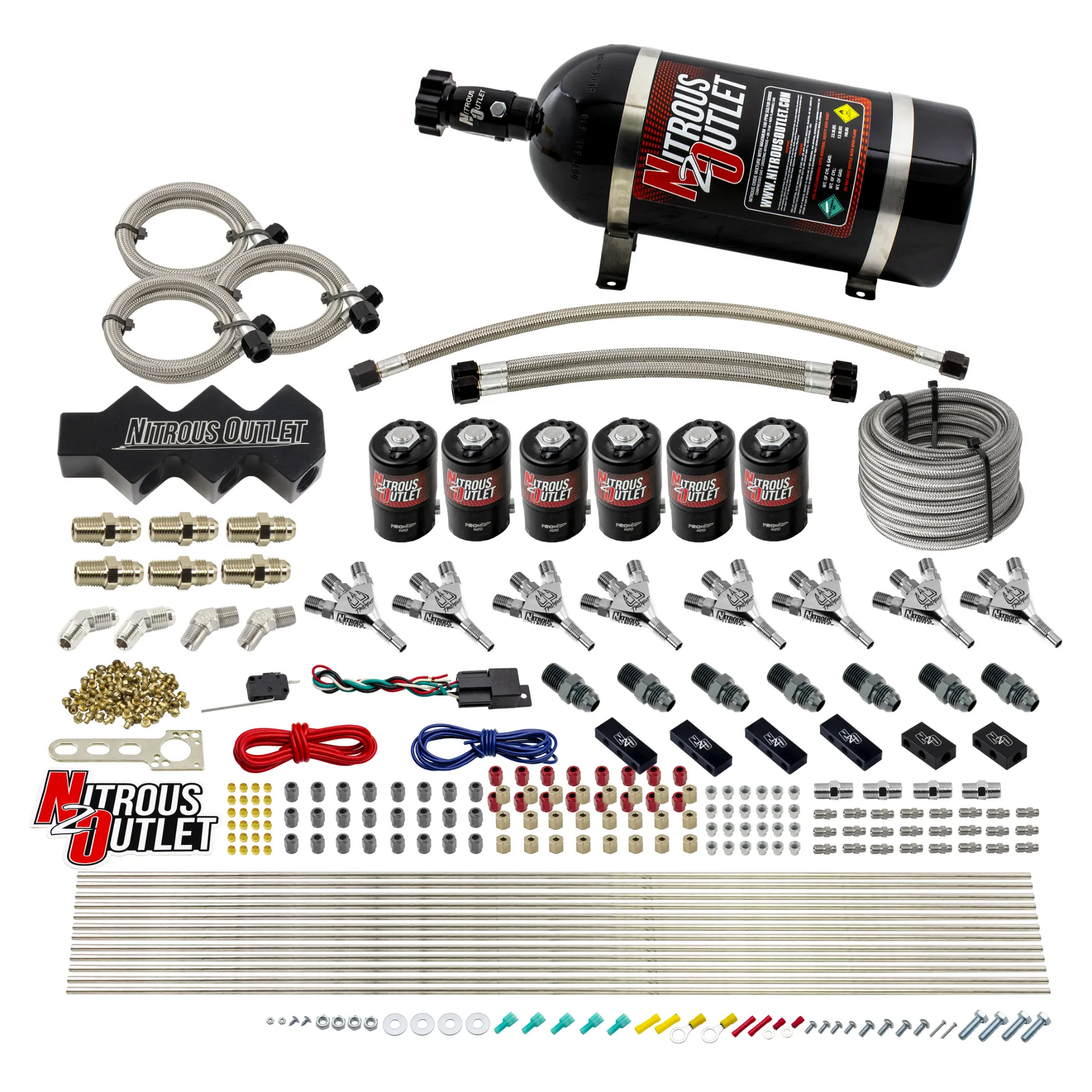 Nitrous Outlet Dry 8 Cylinder Three Stage Direct Port System - Six .112 Nitrous Solenoids/Trident Distribution Blocks/ Trident Nozzles(100-400HP)(15lb Bottle)