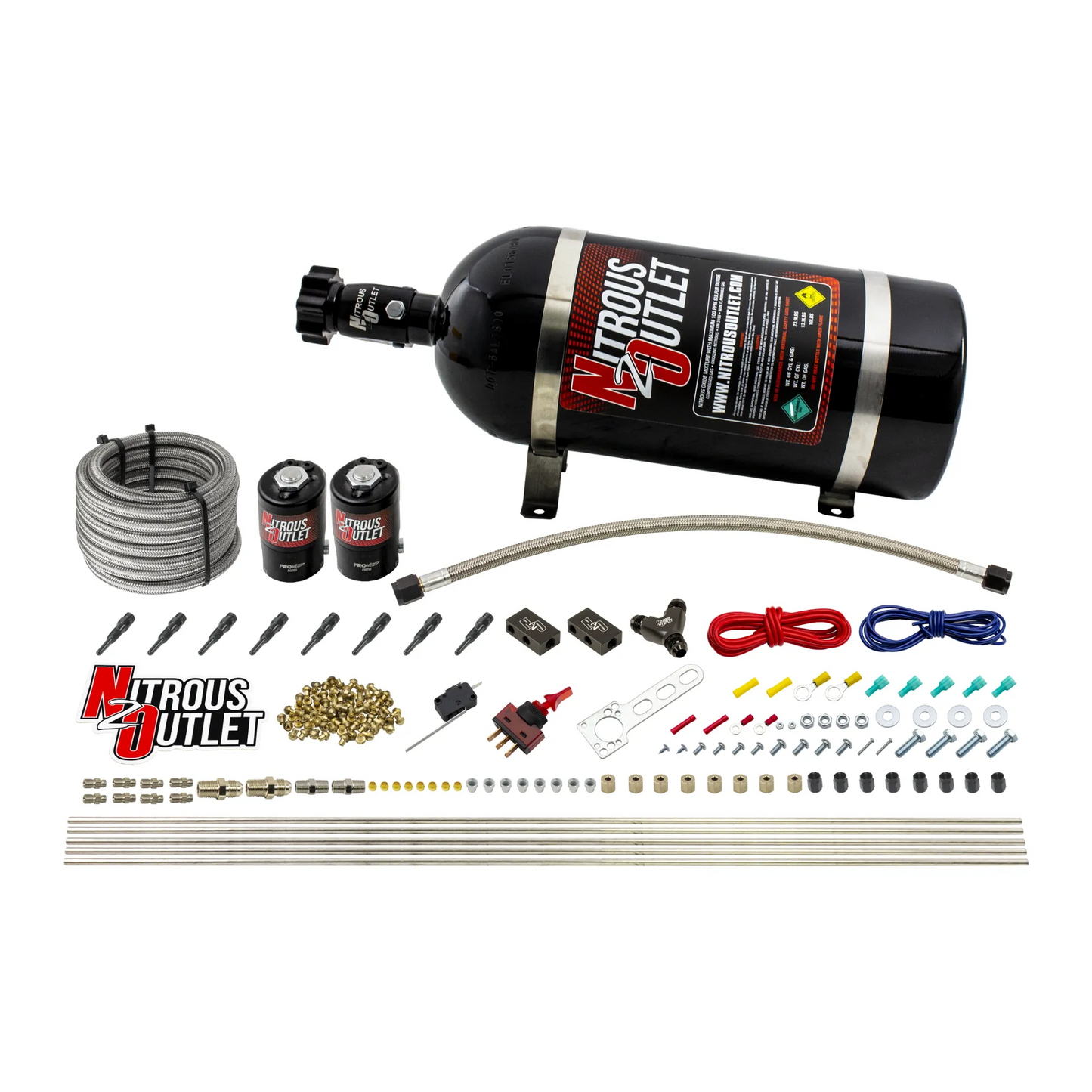 Nitrous Outlet Dry 8 Cylinder Direct Port System - Two .122 Nitrous Solenoids/Compact Distribution Blocks/Compression Fittings/90 Degree Discharge Nozzles (100-400HP)(No Bottle)