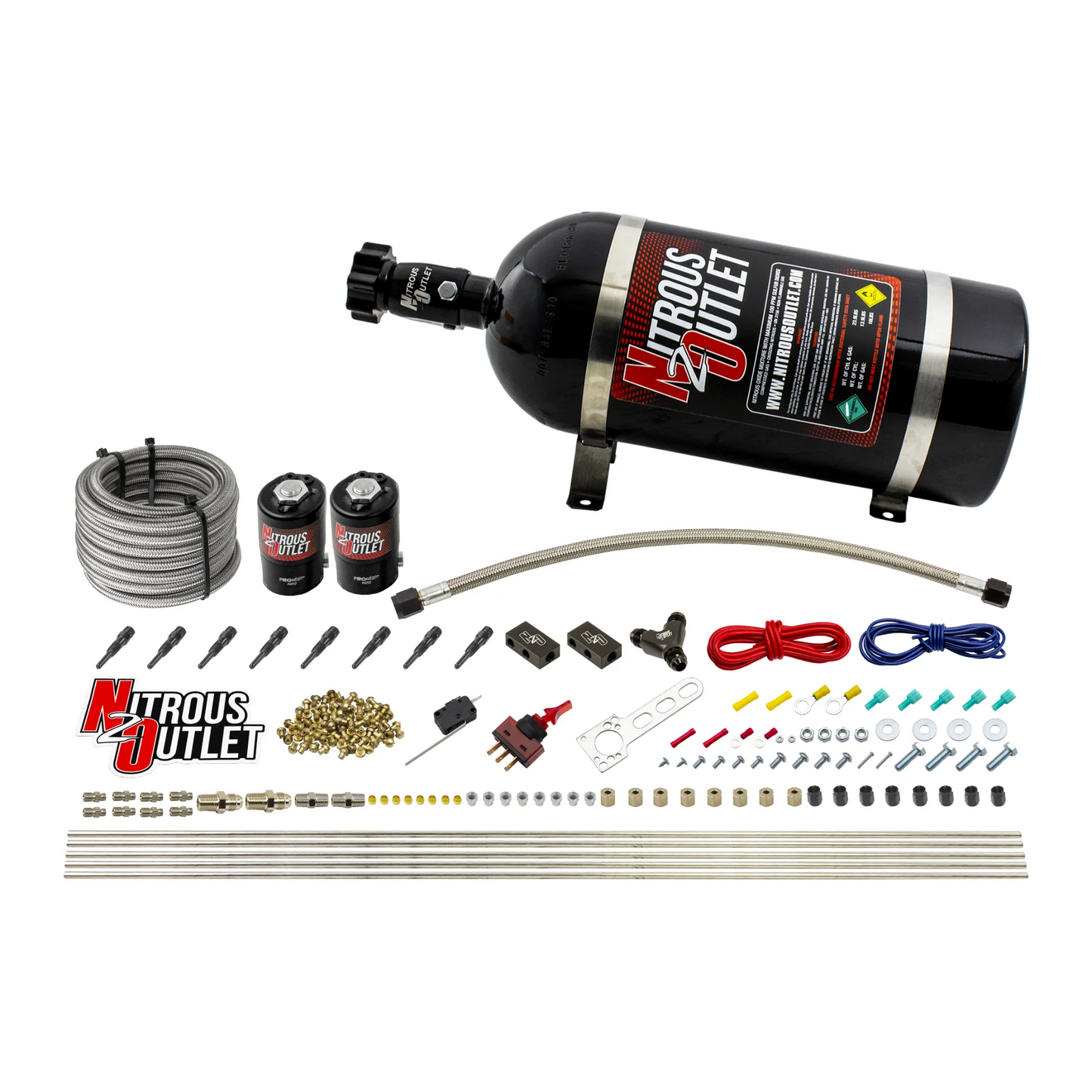 Nitrous Outlet Dry 8 Cylinder Direct Port System - Two .112 Nitrous Solenoids/Compact Distribution Blocks/Compression Fittings/90 Degree Discharge Nozzles (100-400HP)(15lb Bottle)