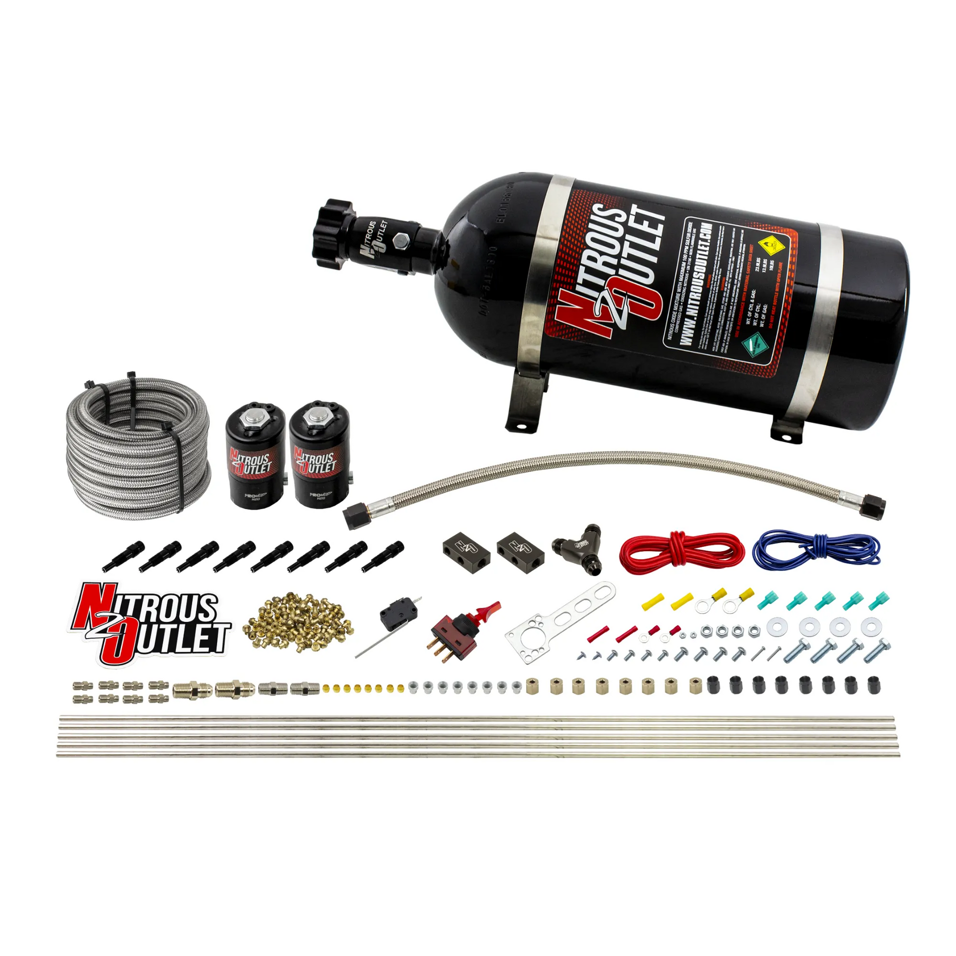Nitrous Outlet Dry 8 Cylinder Direct Port System - Two .112 Nitrous Solenoids/Compact Distribution Blocks/Compression Fittings/SBT Discharge Nozzles (100-400HP)(15lb Bottle)