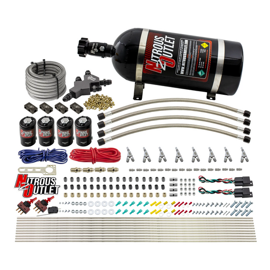 Nitrous Outlet Dry 8 Cylinder Dual Stage Direct Port System - Four .112 Nitrous Solenoids/Compact Distribution Blocks/Compression Fittings/SBT Dual Passage Discharge Nozzles (100-400HP)(15lb Bottle)