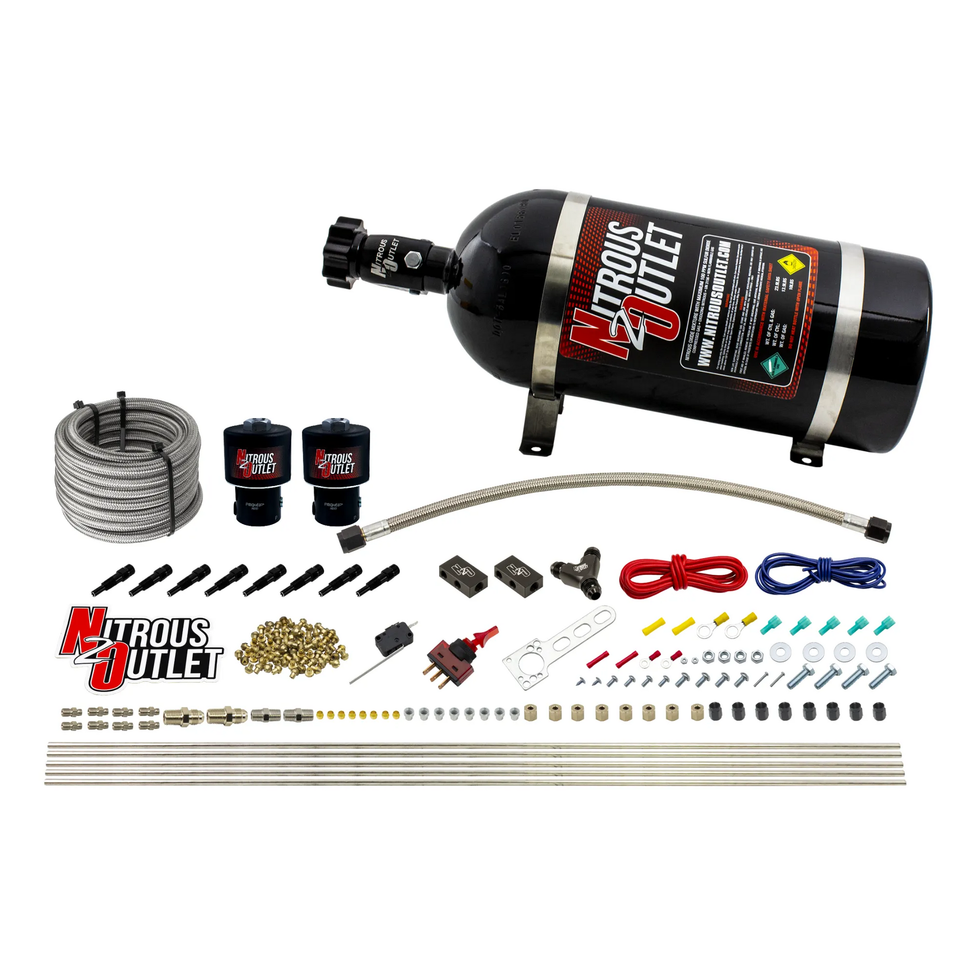 Nitrous Outlet Dry 8 Cylinder Direct Port System - Two .178 Trashcan Nitrous Solenoids/Compact Distribution Blocks/Compression Fittings/SBT Discharge Nozzles (100-400HP)(12lb Bottle)