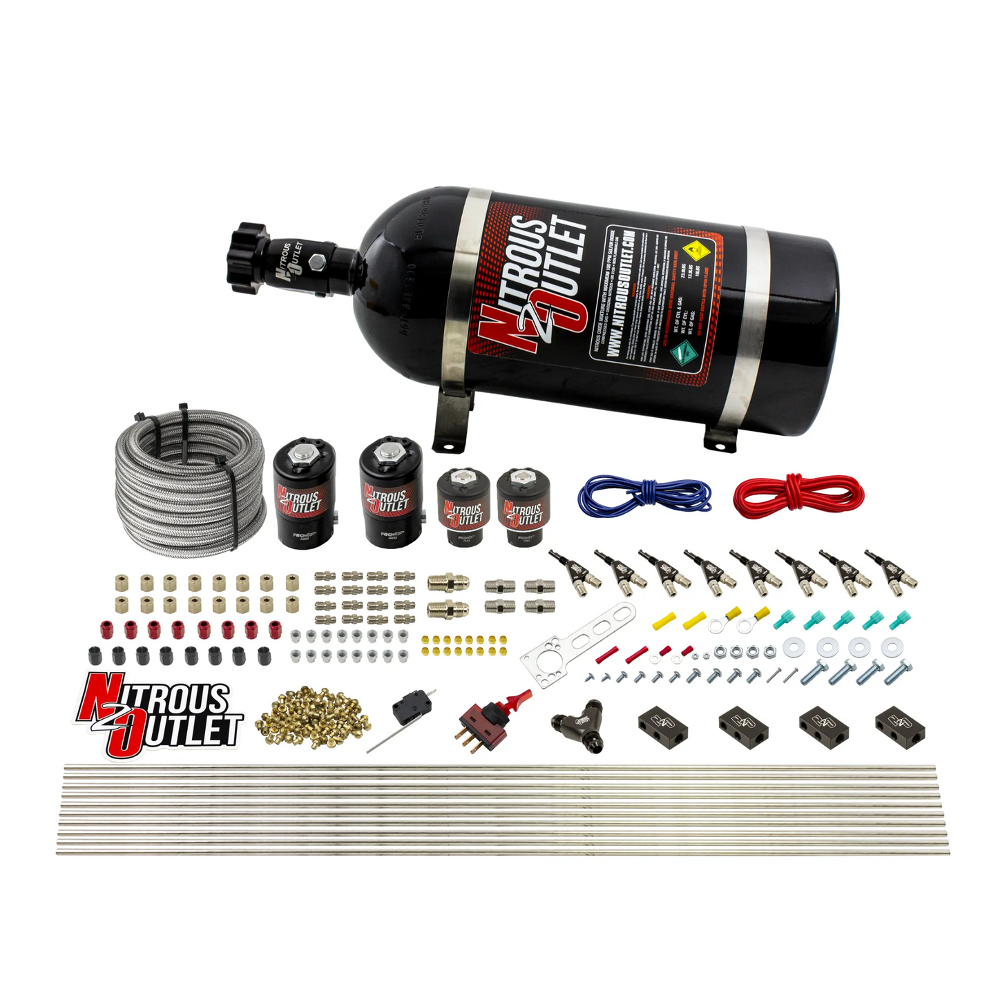 Nitrous Outlet 8 Cylinder Direct Port System - Two .122 Nitrous Solenoids/Two .177 Fuel Solenoids/Compact Distribution Blocks/Compression Fittings/90 Degree Discharge Nozzles (Alcohol)(5-7-10 psi)(100-400HP)(15lb Bottle)
