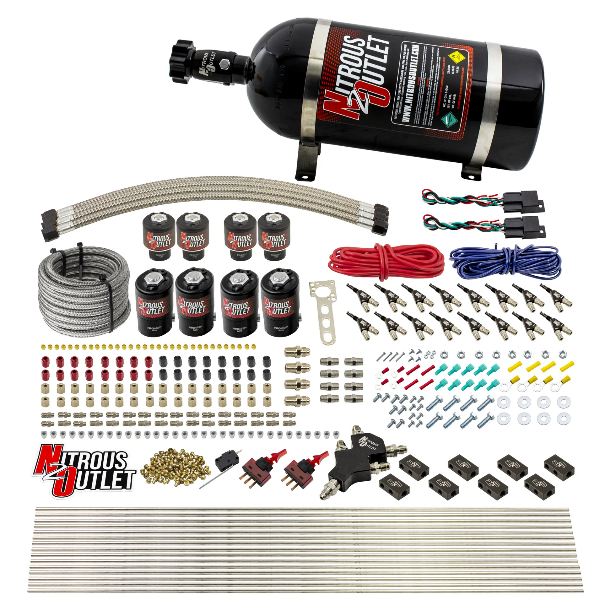 Nitrous Outlet 8 Cylinder Dual Stage Direct Port System - Four .122 Nitrous Solenoids/Four .177 Fuel Solenoids/Compact Distribution Blocks/Compression Fittings/90 Degree Discharge Nozzles (Alcohol)(5-7-10 psi)(100-400HP)(12lb Bottle)