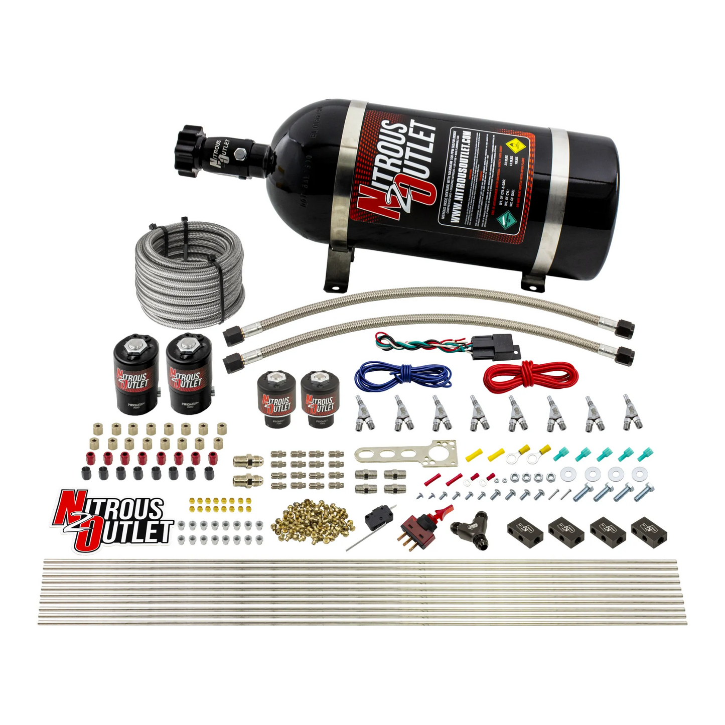 Nitrous Outlet 8 Cylinder Direct Port System - Two .112 Nitrous Solenoids/Two .177 Fuel Solenoids/Compact Distribution Blocks/Compression Fittings/Annular Discharge Nozzles (Alcohol)(5-7-10 psi)(100-400HP)(15lb Bottle)