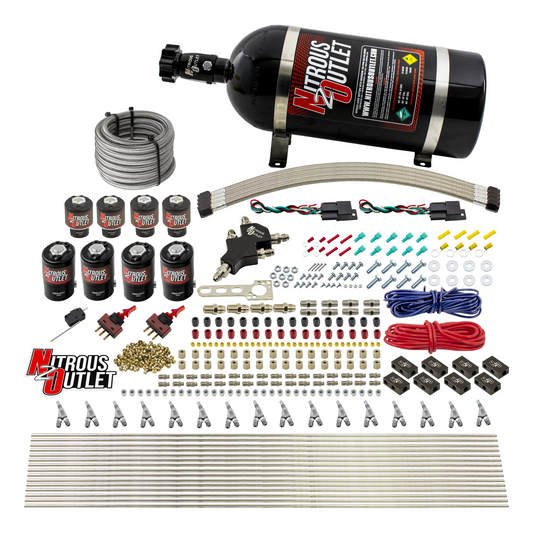 Nitrous Outlet 8 Cylinder Dual Stage Direct Port System - Four .112 Nitrous Solenoids/Four .177 Fuel Solenoids/Compact Distribution Blocks/Compression Fittings/Annular Discharge Nozzles (Alcohol)(5-7-10 psi)(100-400HP)(12lb Bottle)