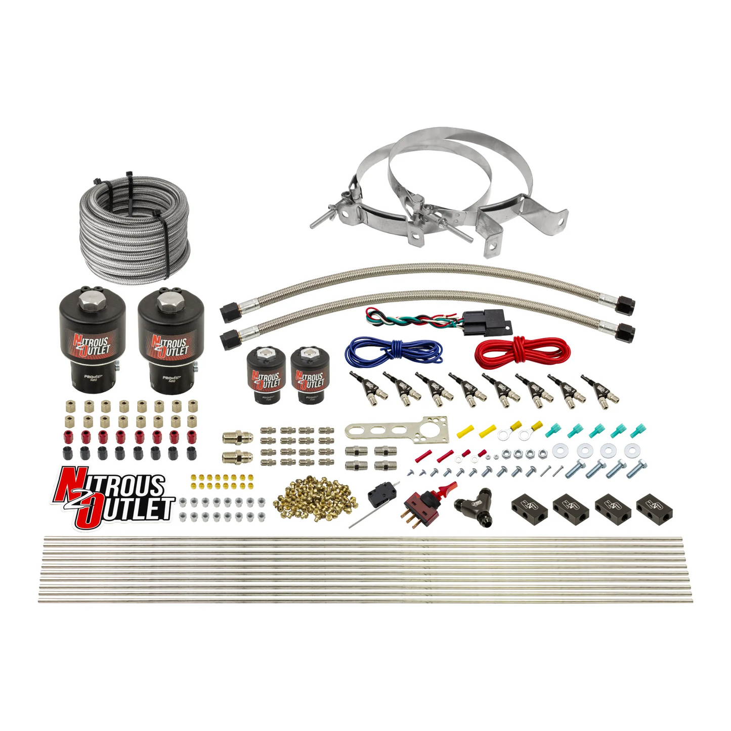 Nitrous Outlet 8 Cylinder Direct Port System - Two .178 Trashcan Nitrous Solenoids/Two .177 Fuel Solenoids/Compact Distribution Blocks/Compression Fittings/90 Degree Discharge Nozzles (Alcohol)(5-7-10 psi)(100-400HP)(10lb Bottle)